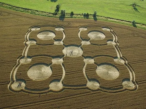 Veduta aerea di un cerchio nel grano formato da nove cerchi collegati, in un campo di grano