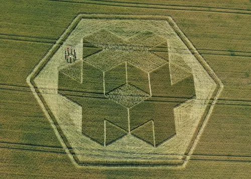 Cerchio nel grano di forma esagonale con un disegno geometrico al centro, con alcune persone visibili in alto a sinistra