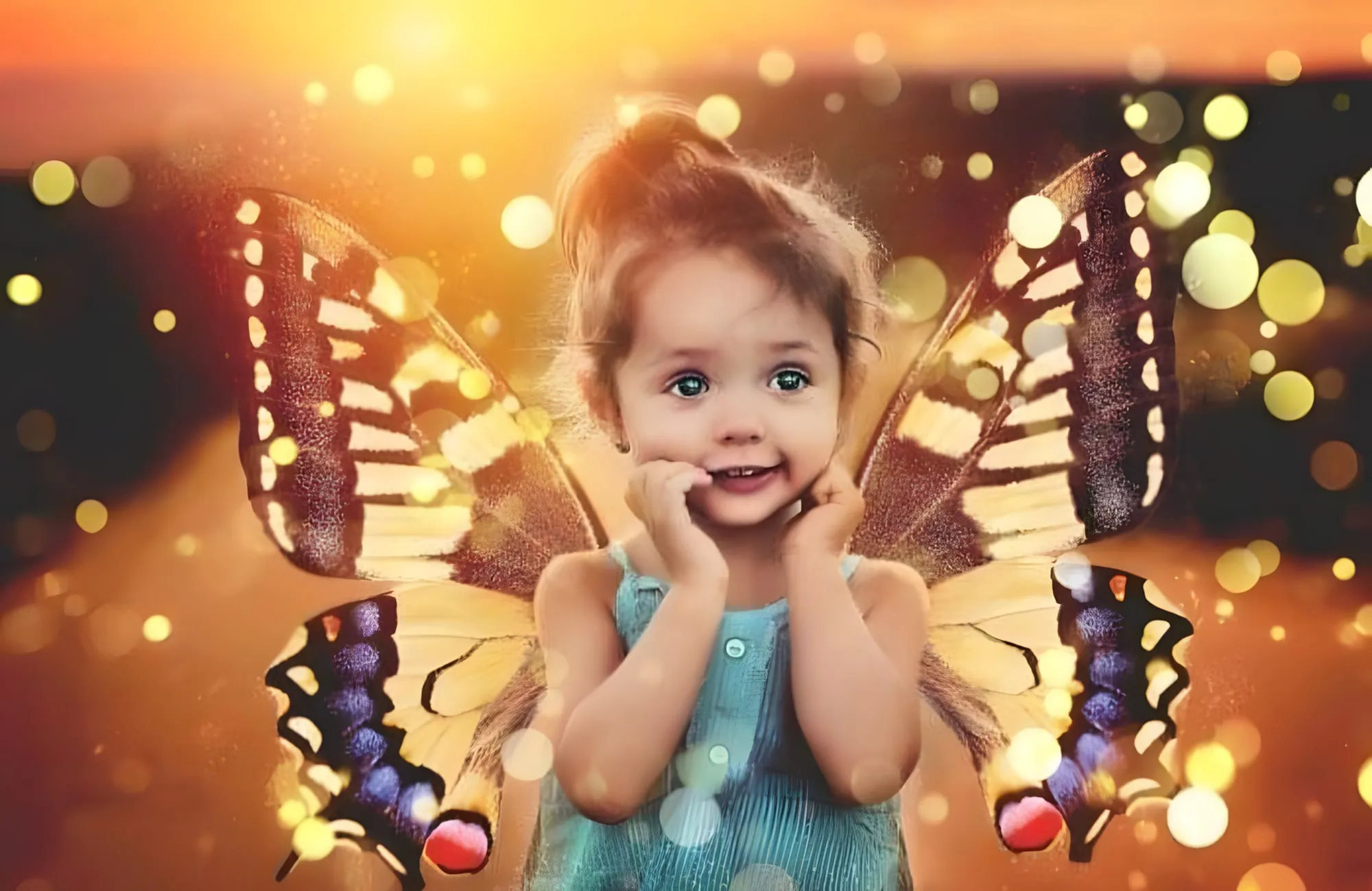 Bambina sorridente con grandi ali di farfalla, circondata da luci dorate e sfocate