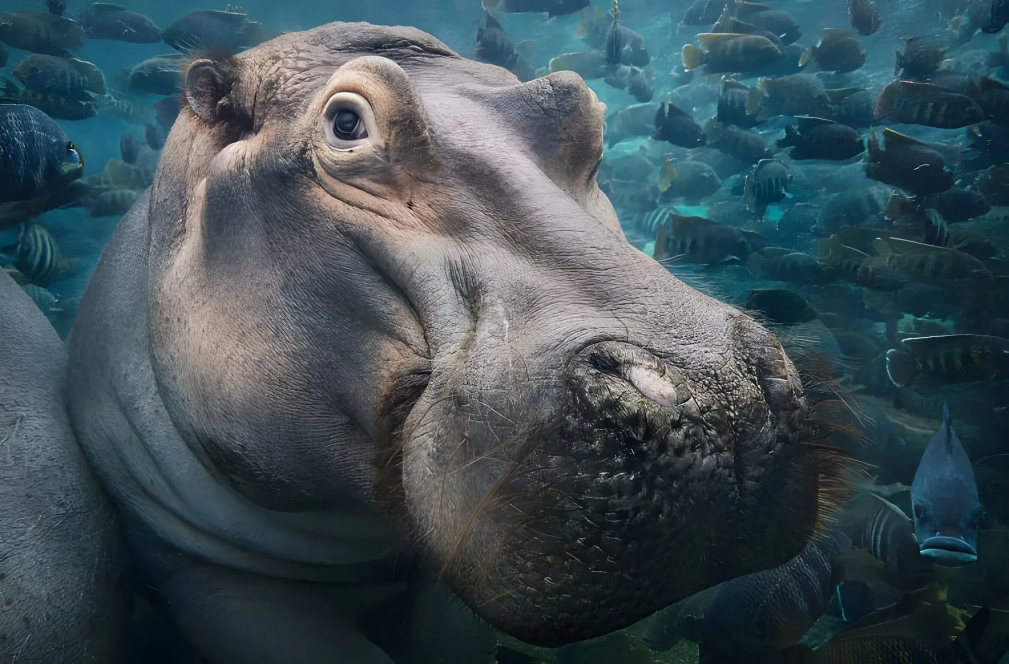 Primo piano di un ippopotamo sott’acqua, circondato da un banco di pesci