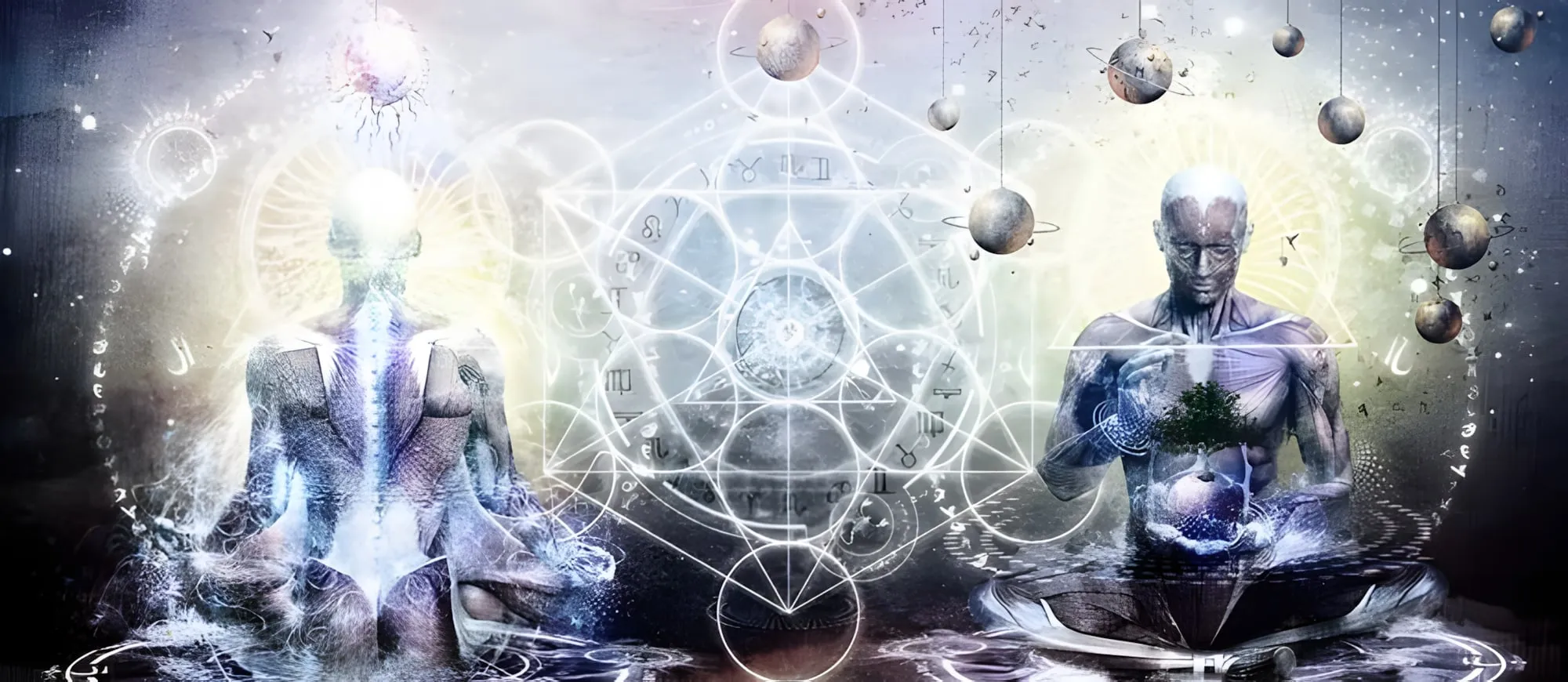 Due figure in meditazione ai lati di un grande schema geometrico luminoso, con pianeti sospesi e simboli zodiacali