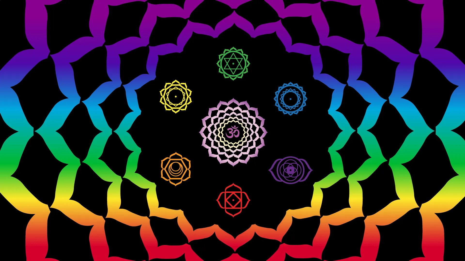 Mandala a forma di loto con i colori dell’arcobaleno e, al centro, i simboli dei sette chakra