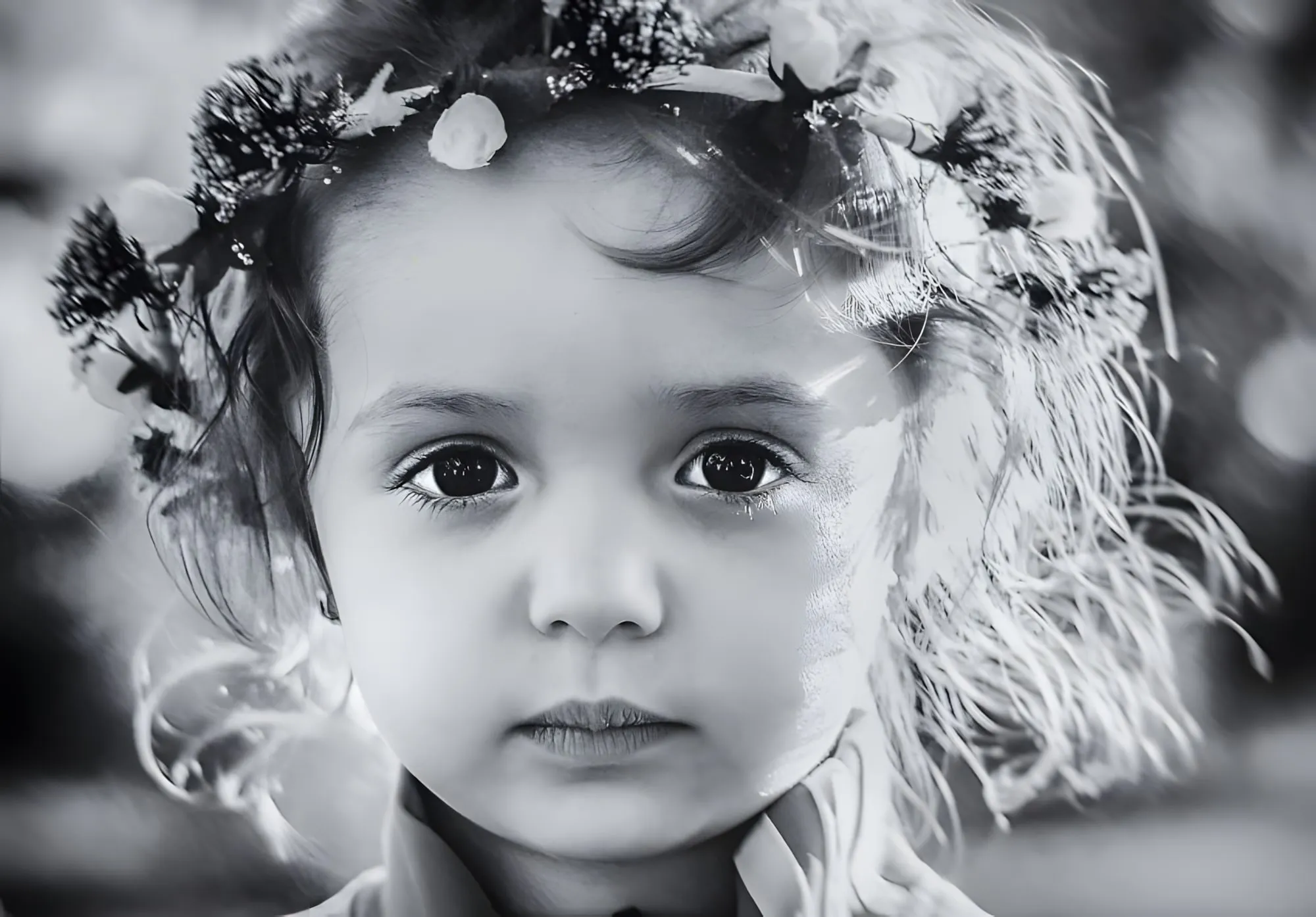 Primo piano in bianco e nero di una bambina con una coroncina di fiori e una lacrima sul viso