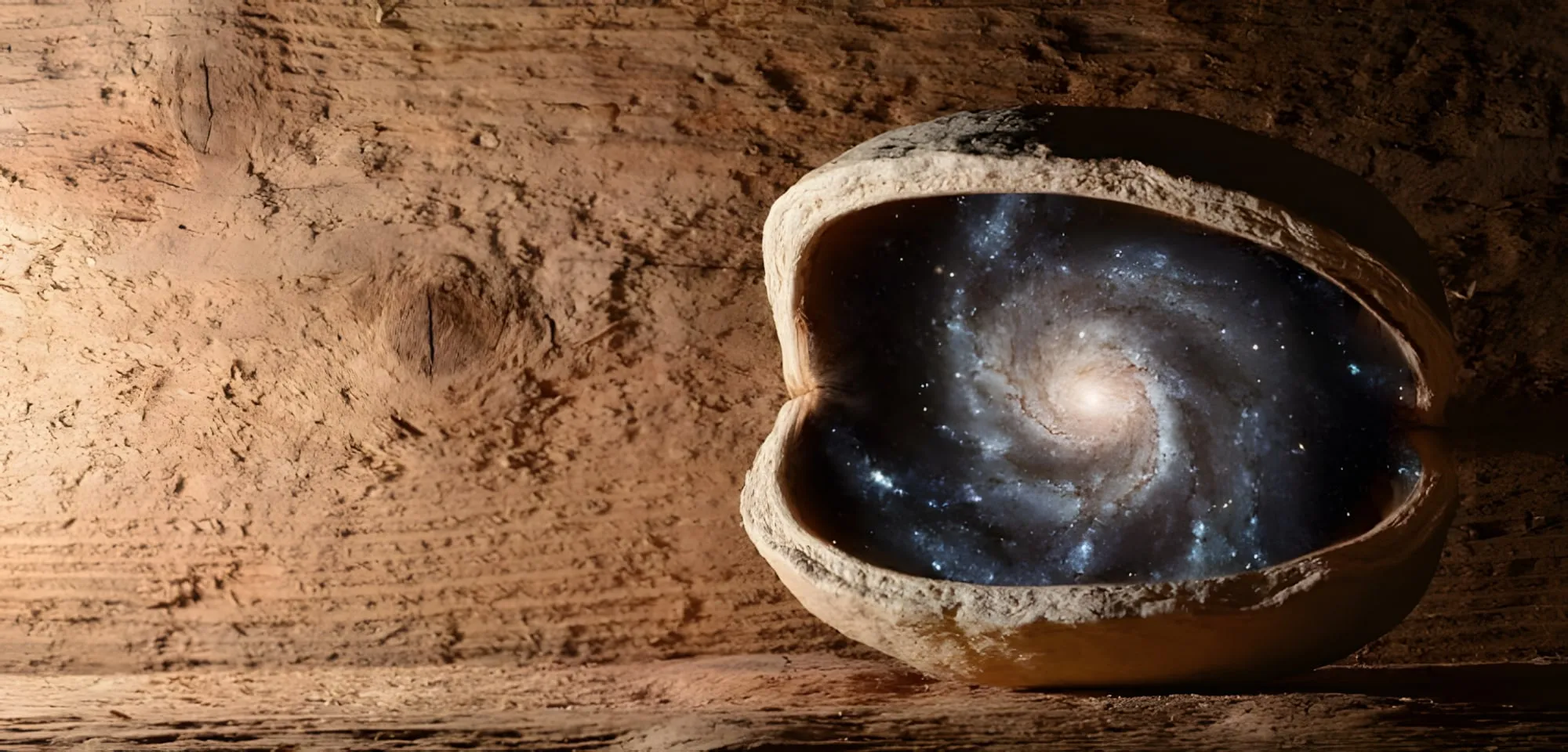 Una galassia a spirale visibile all’interno del guscio aperto di una noce, appoggiata su una superficie di legno