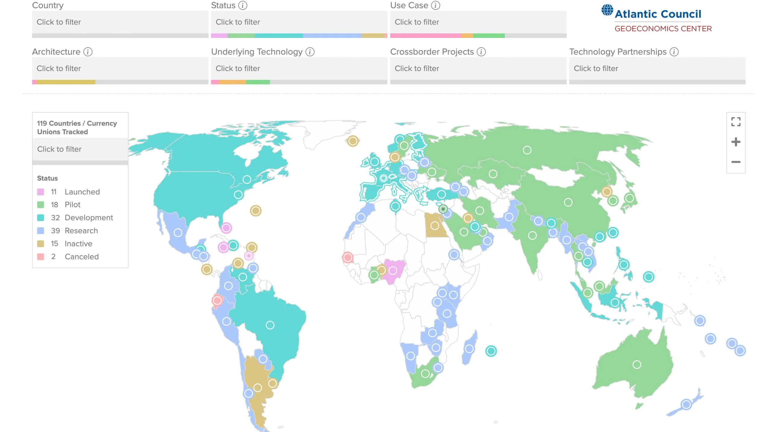 Mappa del mondo dell’Atlantic Council con lo stato delle monete digitali delle banche centrali: 11 lanciate, 18 in fase pilota, 32 in sviluppo