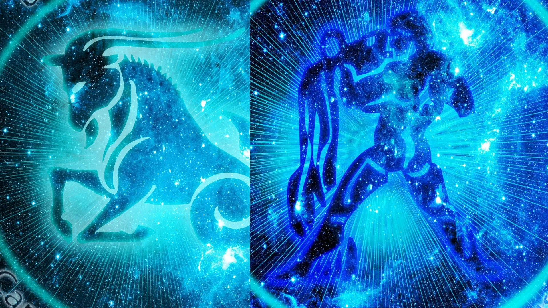 I simboli del Capricorno e dell’Acquario, uno accanto all’altro, su sfondi azzurri di cielo stellato