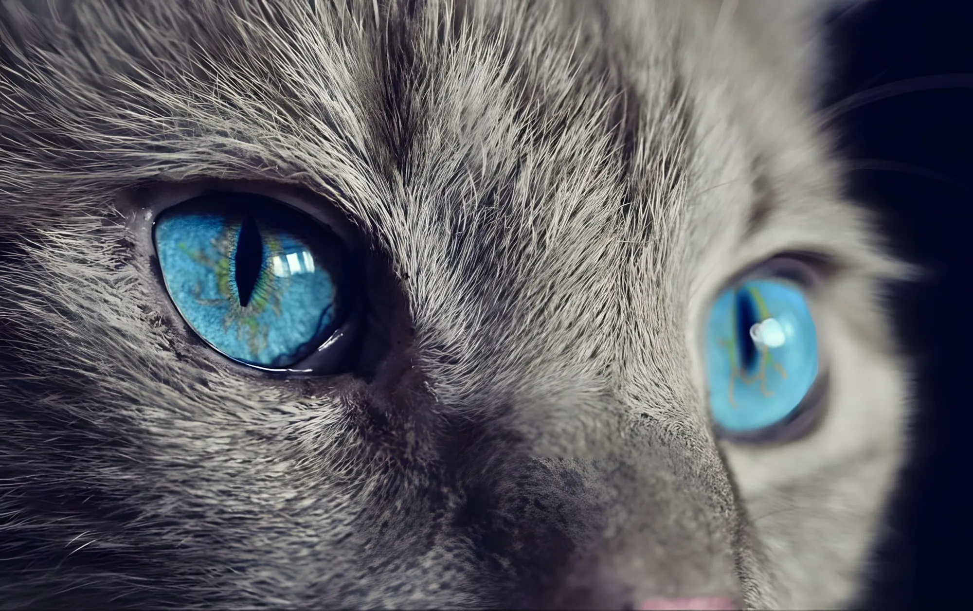 Primo piano del muso di un gatto grigio con intensi occhi azzurri