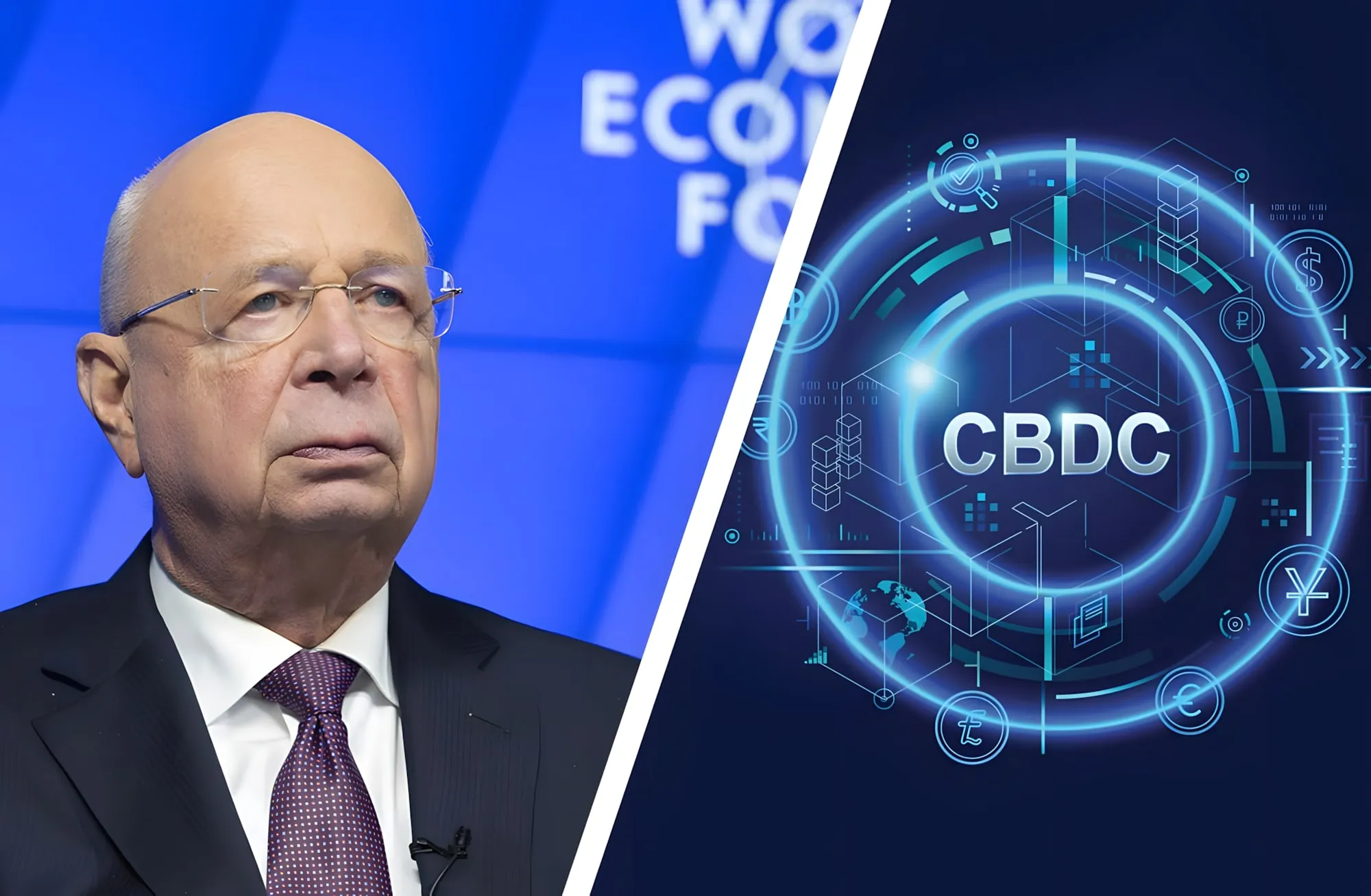 A sinistra Klaus Schwab davanti alla scritta World Economic Forum, a destra una grafica luminosa con la scritta CBDC e i simboli delle valute