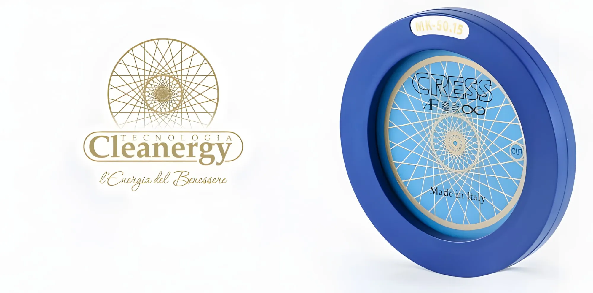Logo "Cleanergy Tecnologia, l’energia del benessere" accanto a un disco blu con geometrie dorate e la scritta "Made in Italy"