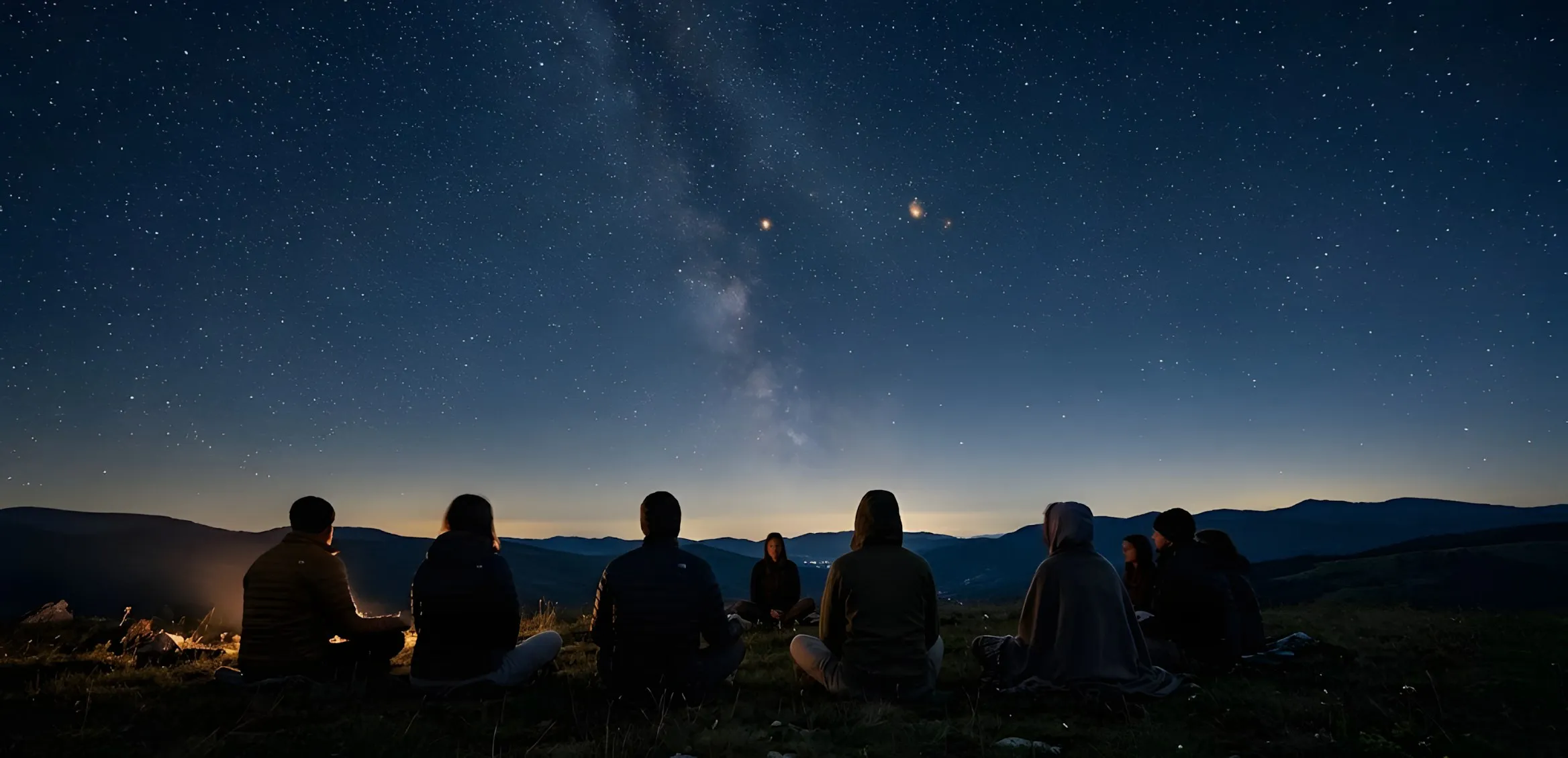 Persone di spalle sedute in cerchio su una collina sotto un cielo stellato con la Via Lattea, e un piccolo fuoco a sinistra