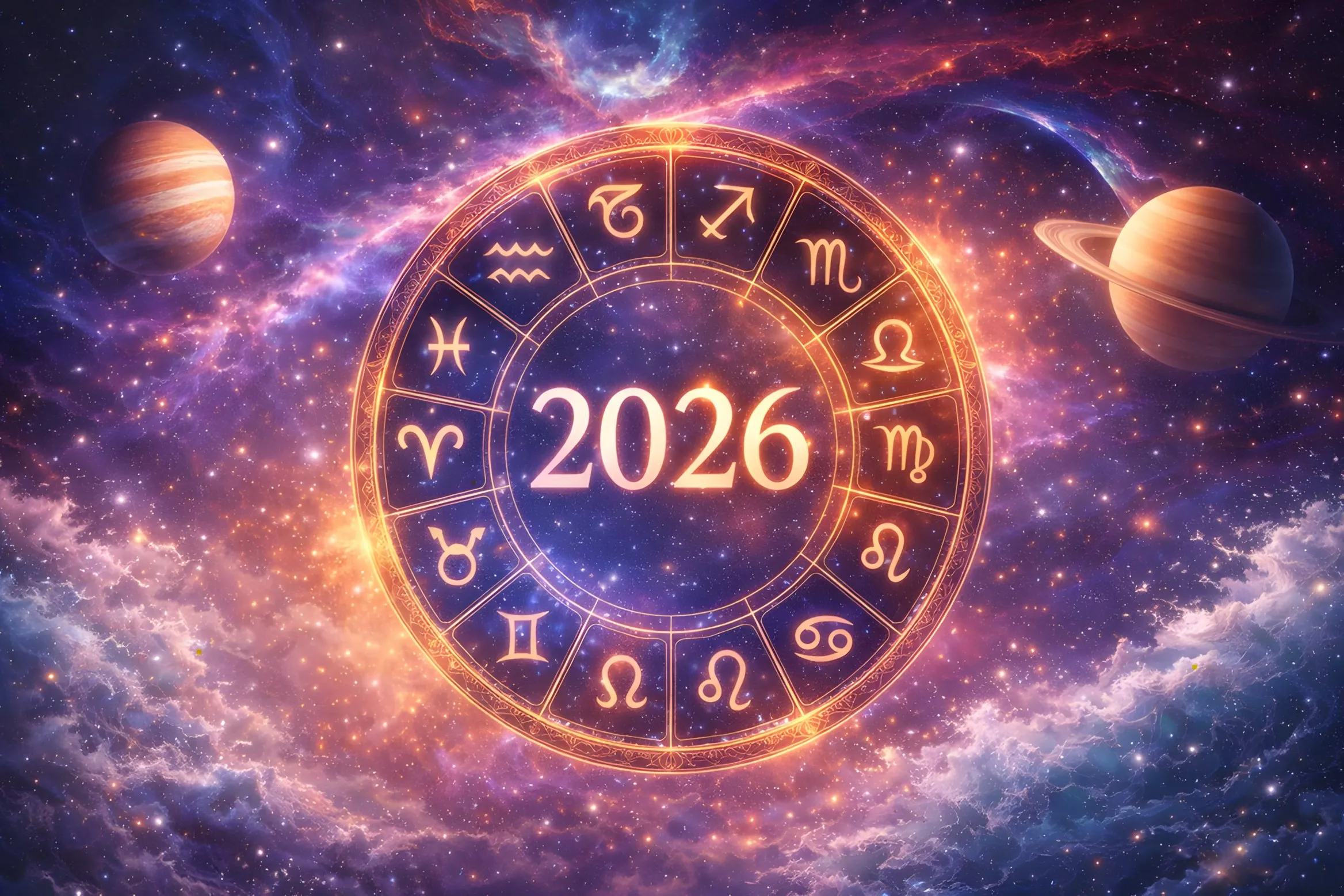 Ruota zodiacale luminosa con la scritta 2026 al centro, tra nebulose viola e arancioni, con Giove e Saturno ai lati