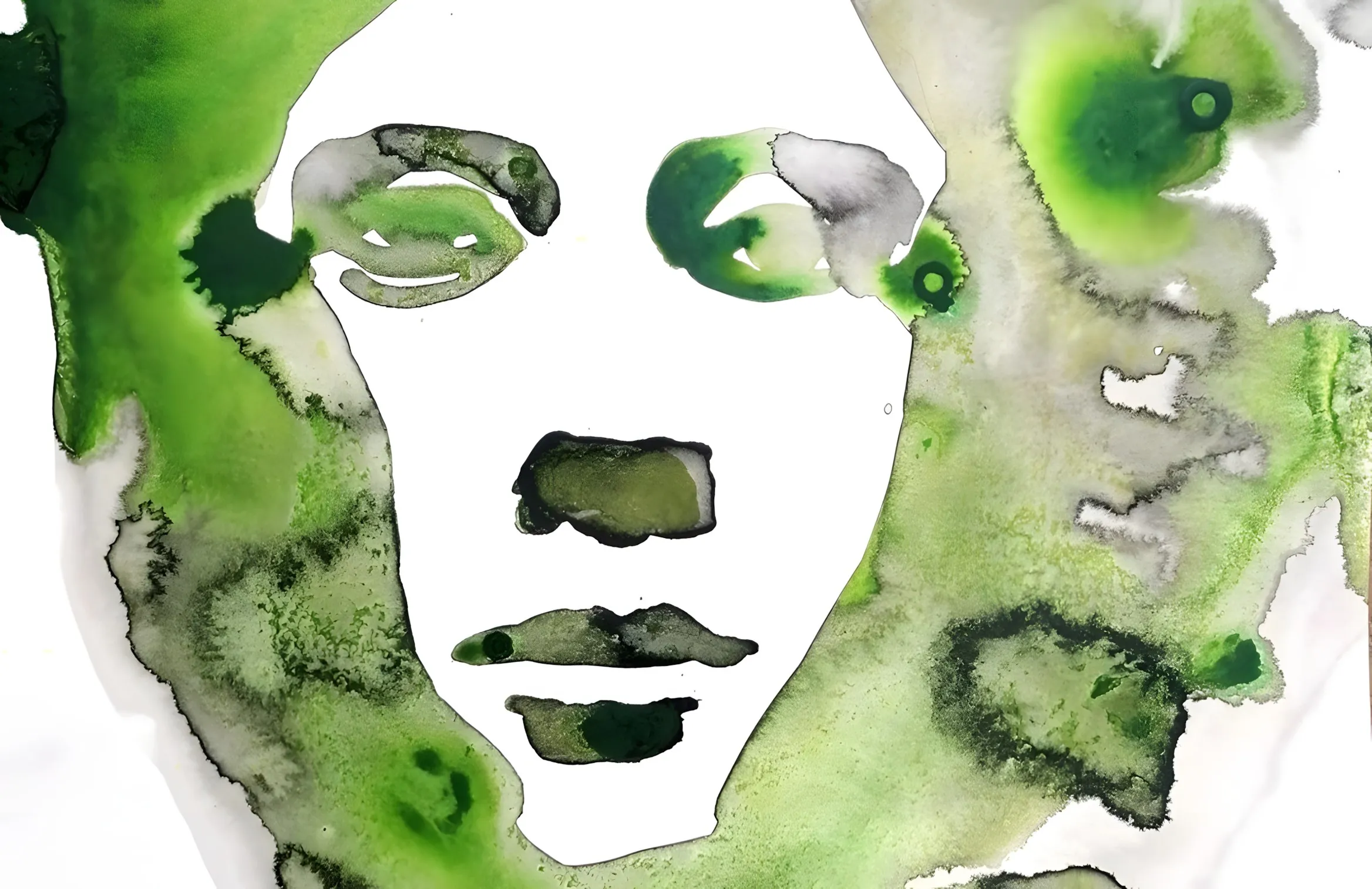 Acquerello di un volto femminile in inchiostro verde, con aloni e macchie di colore attorno al viso bianco