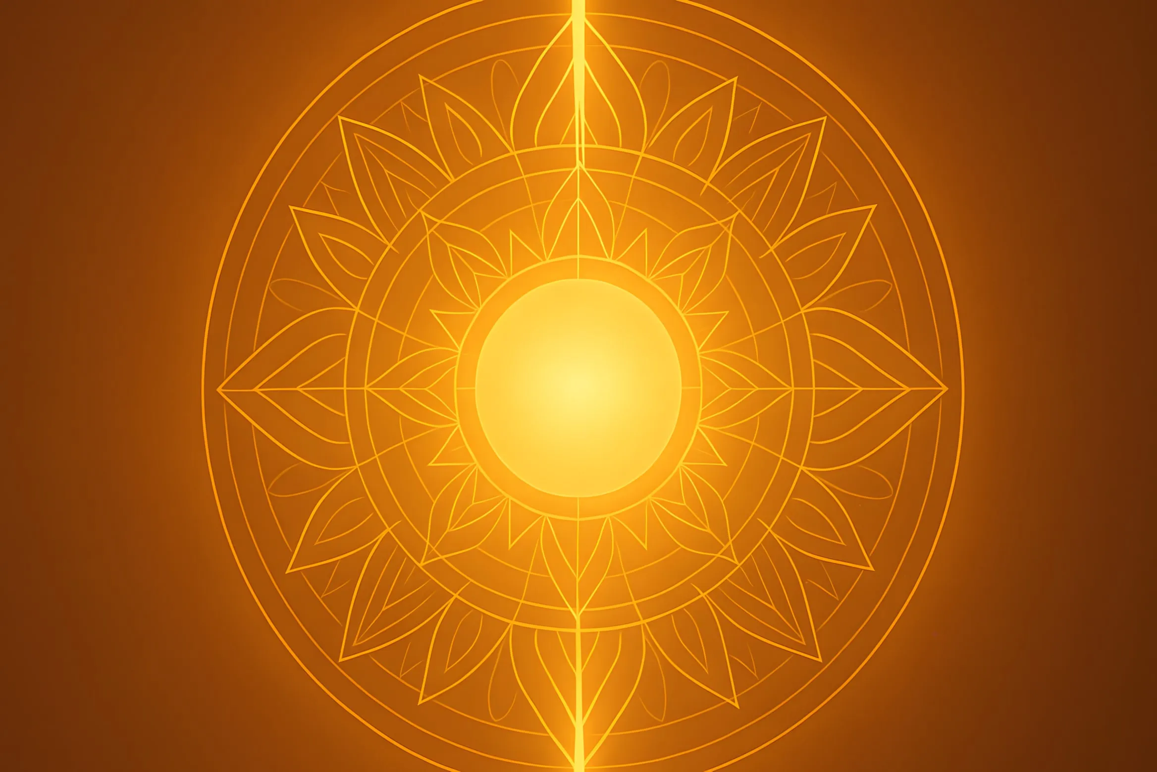 Mandala dorato di petali e cerchi concentrici con un sole luminoso al centro, attraversato da un raggio di luce verticale
