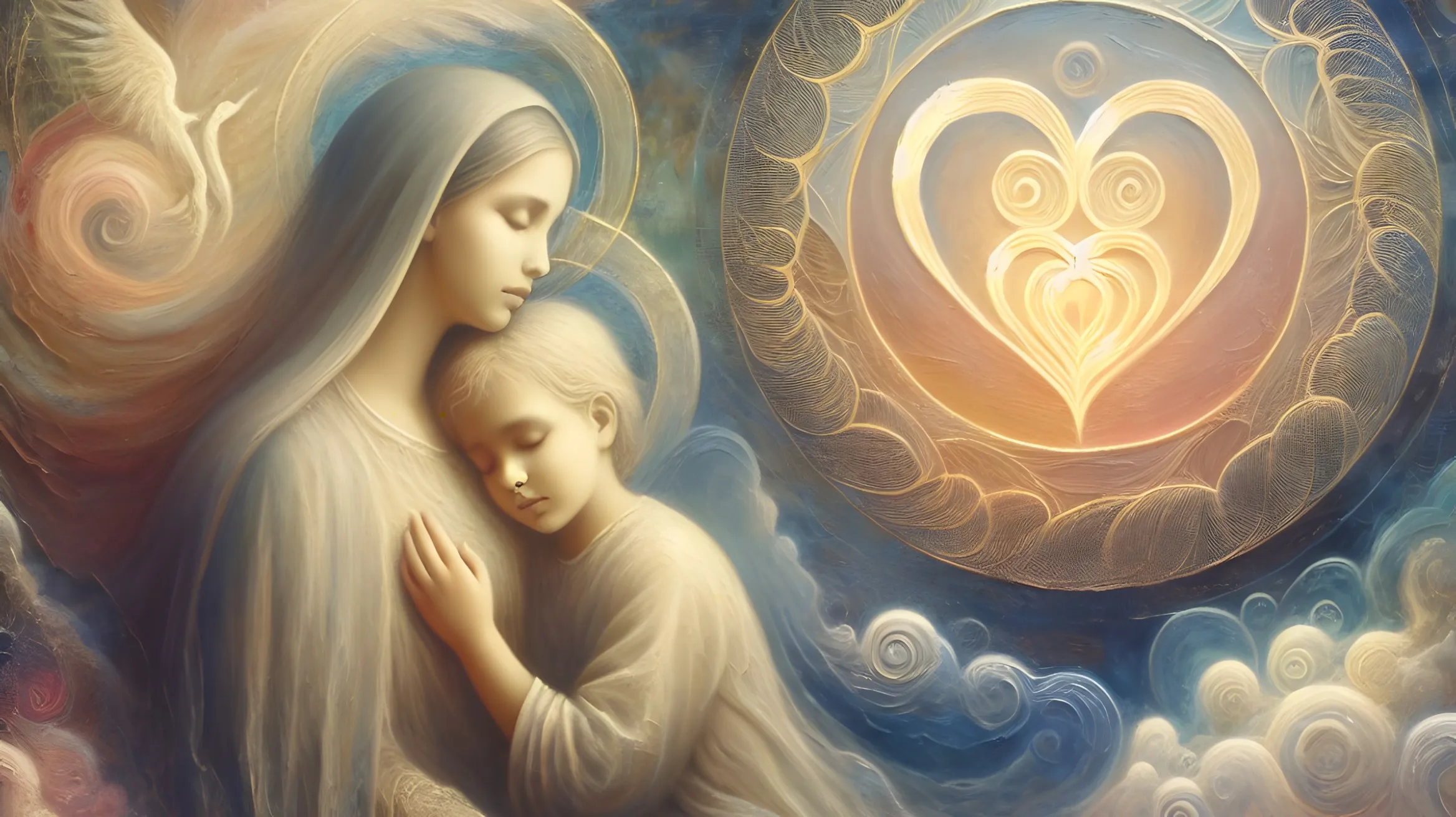 Una figura femminile dal volto sereno abbraccia un bambino addormentato, accanto a un grande cuore di luce dorata tra le nuvole