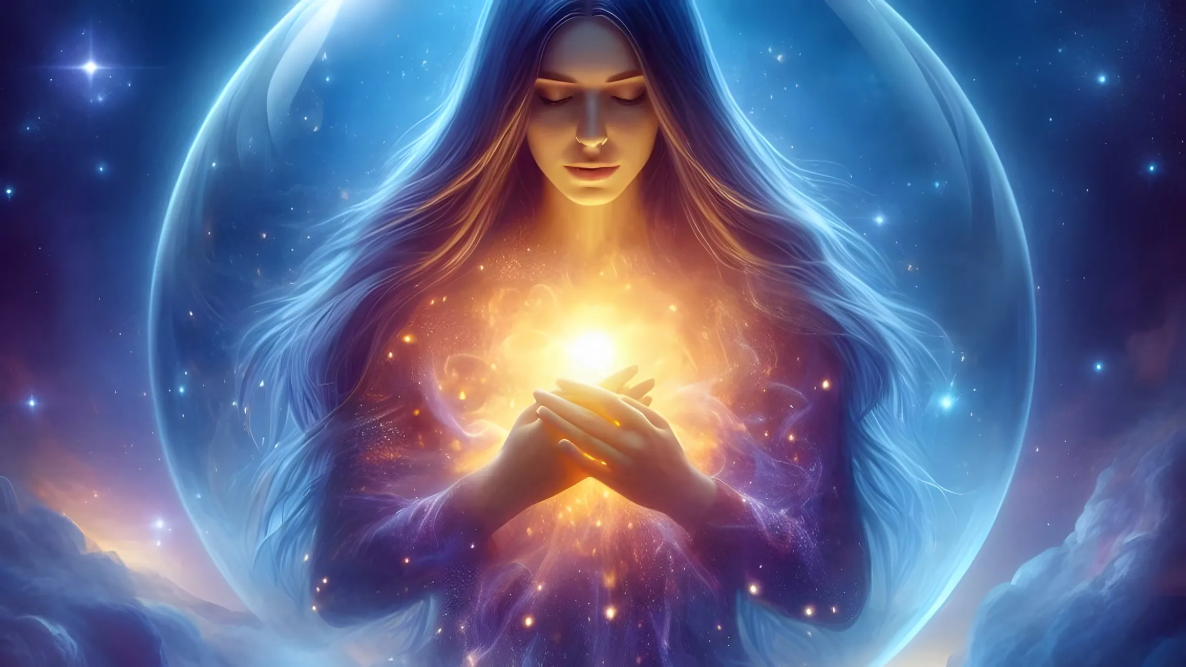 Donna dai lunghi capelli con gli occhi chiusi stringe una luce dorata al petto, dentro una sfera trasparente tra le stelle