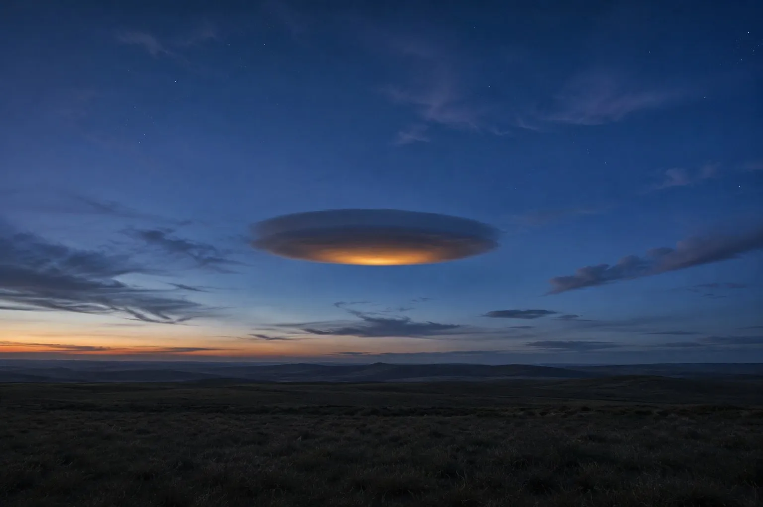 Una nuvola lenticolare dai bordi netti in un cielo blu al crepuscolo, con un bagliore ambrato sotto di sé, sopra una pianura scura