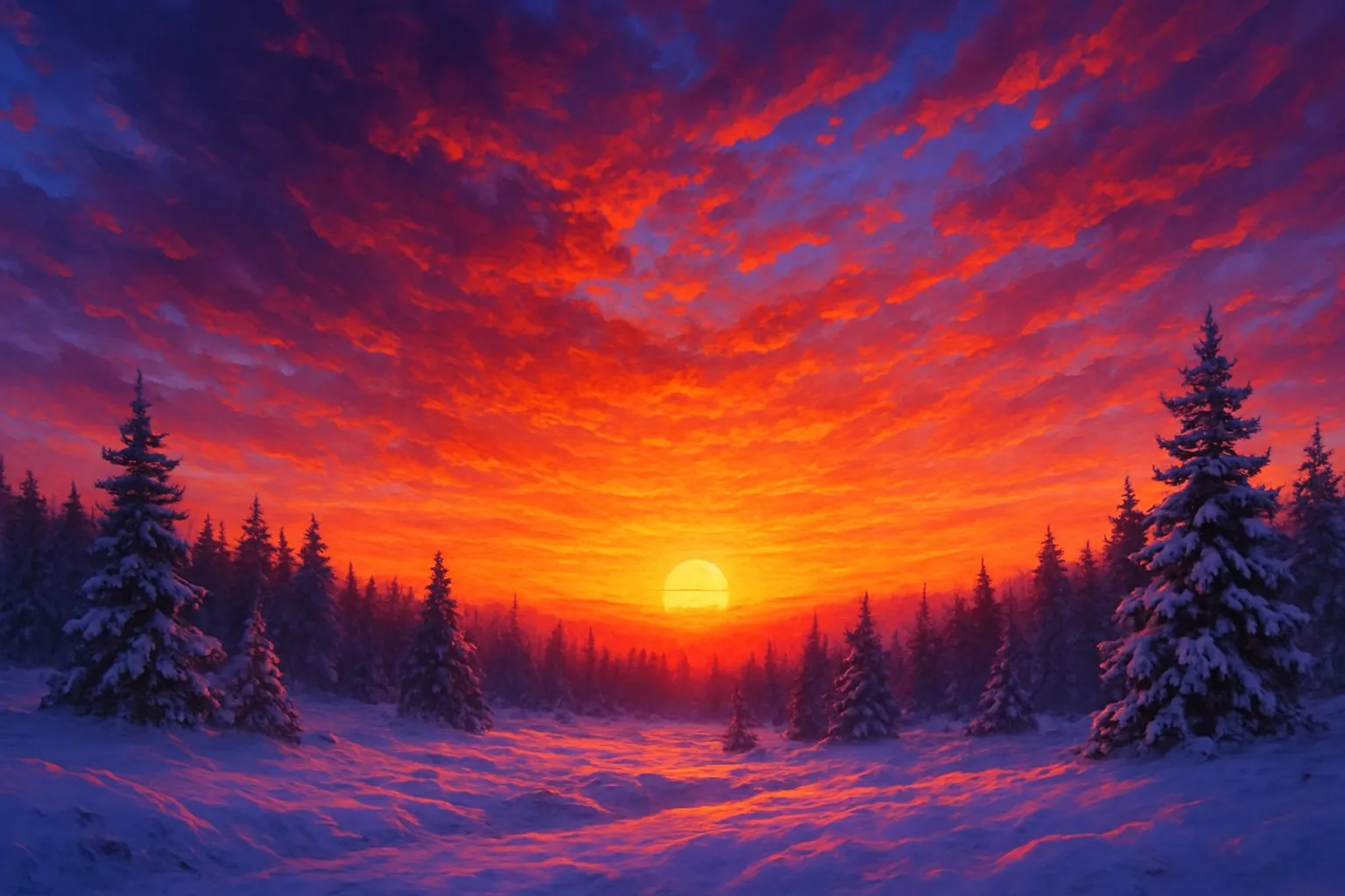 Tramonto infuocato sopra una foresta innevata, con il sole all'orizzonte e abeti carichi di neve in primo piano