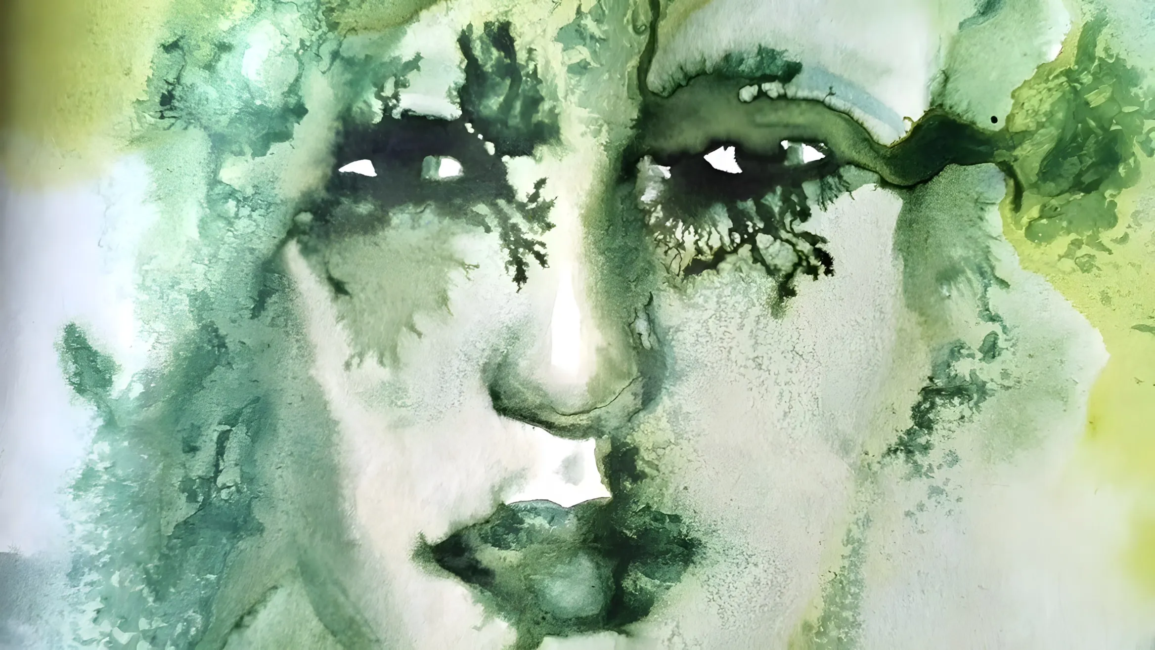Acquerello verde e giallo di un volto femminile dai tratti sfumati come foglie e muschio