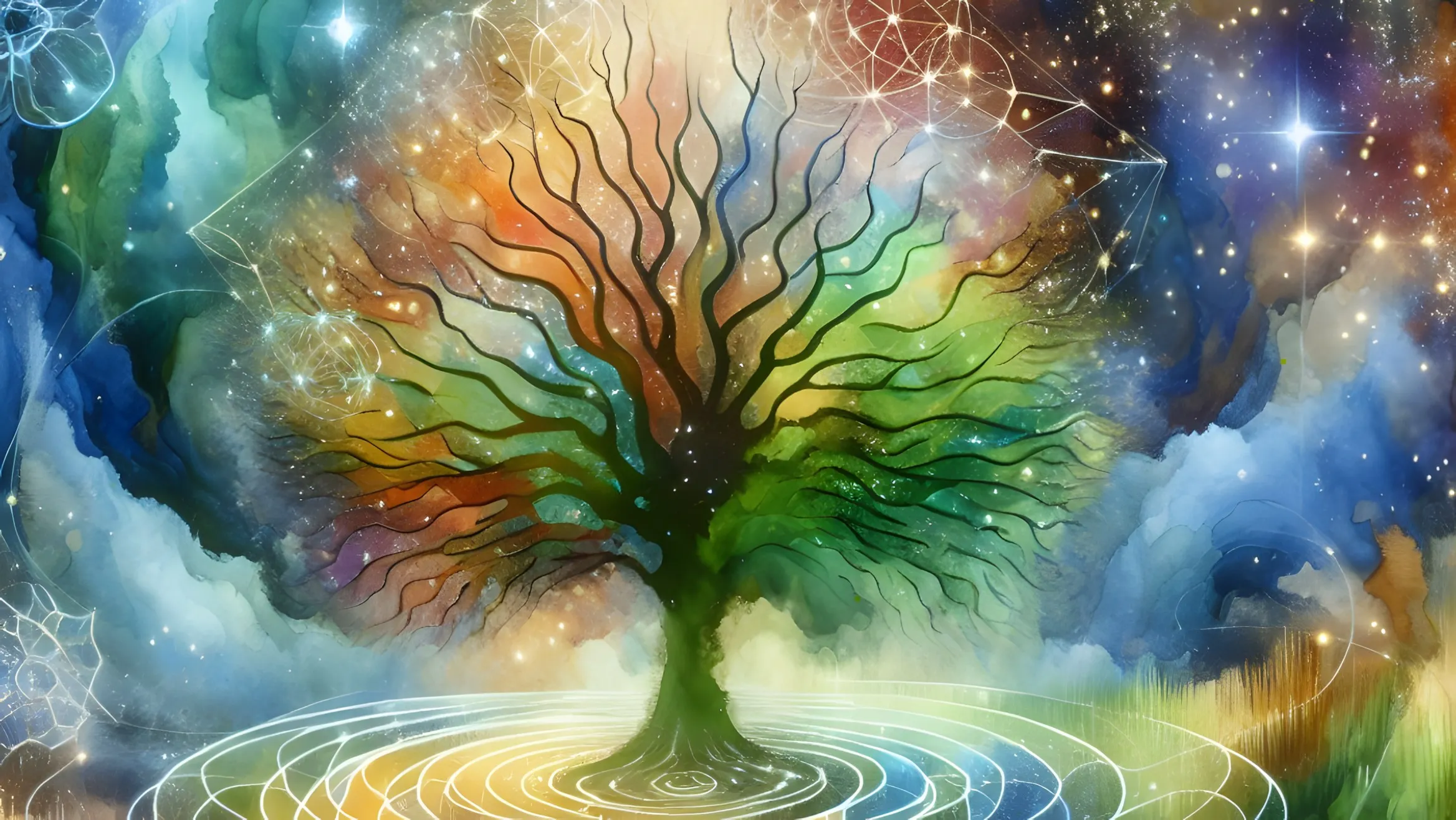 Acquerello di un albero dai rami luminosi e dai colori dell’arcobaleno, tra stelle, luna e onde concentriche