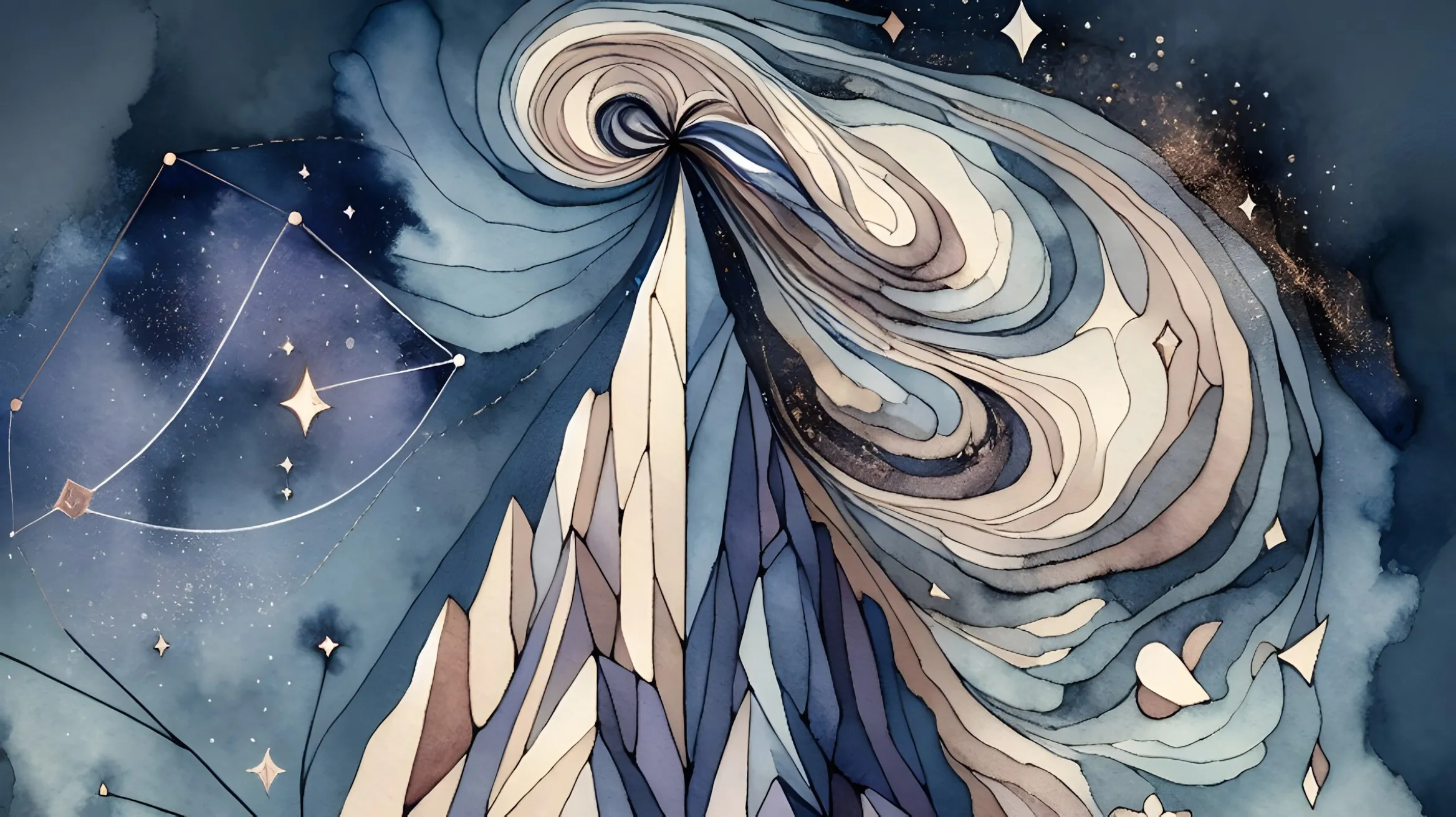 Montagna di cristalli acquerellati con una spirale di vento in cima, tra nuvole e un cielo blu notte con una costellazione
