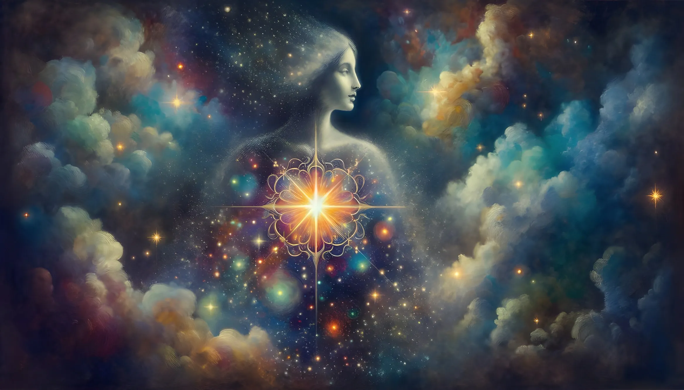 Una figura femminile di profilo fatta di polvere di stelle, con una stella luminosa a otto raggi al centro del petto, tra nuvole colorate