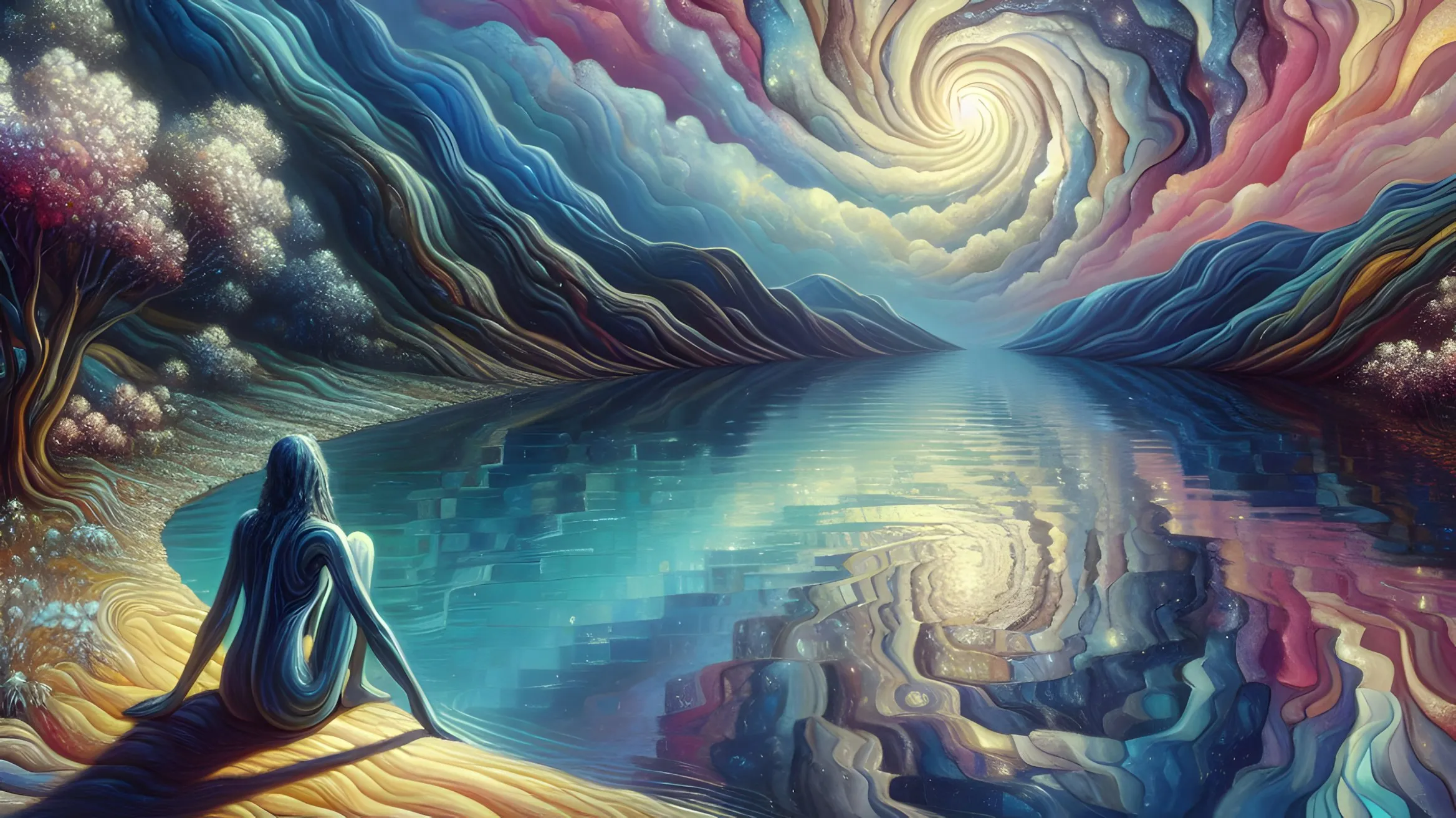 Una figura seduta sulla riva di un lago nella notte, davanti a un cielo stellato che si avvita in spirale e si riflette nell’acqua