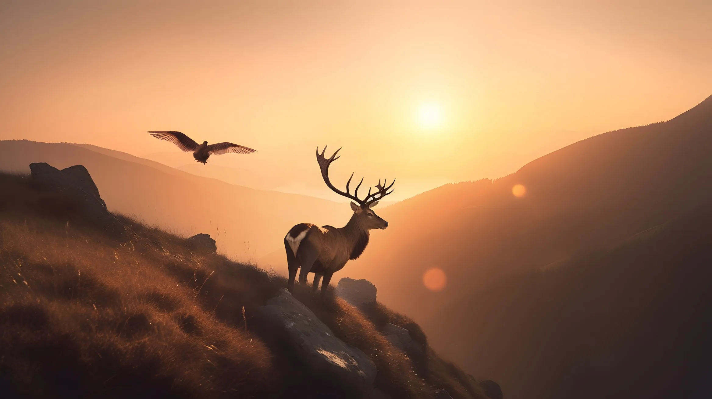 Un cervo con grandi corna ramificate sul pendio di una montagna al sorgere del sole, con un uccello in volo nella luce dorata