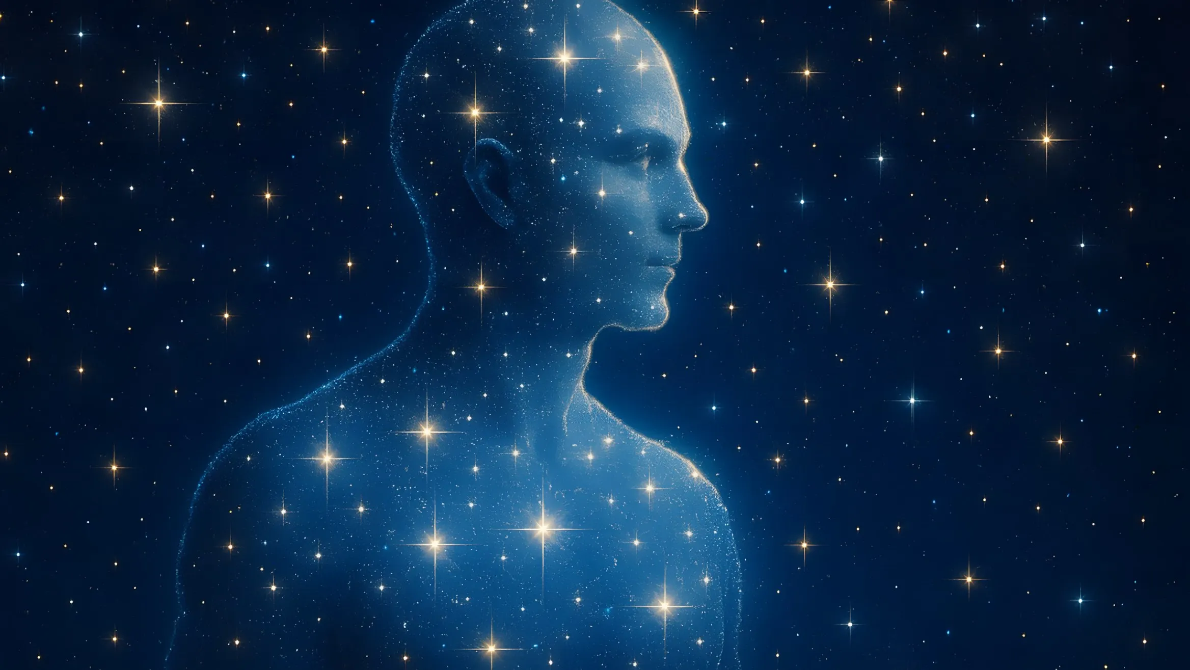 Sagoma di un uomo di profilo fatta di piccole stelle, su un cielo notturno blu scuro punteggiato di luci dorate