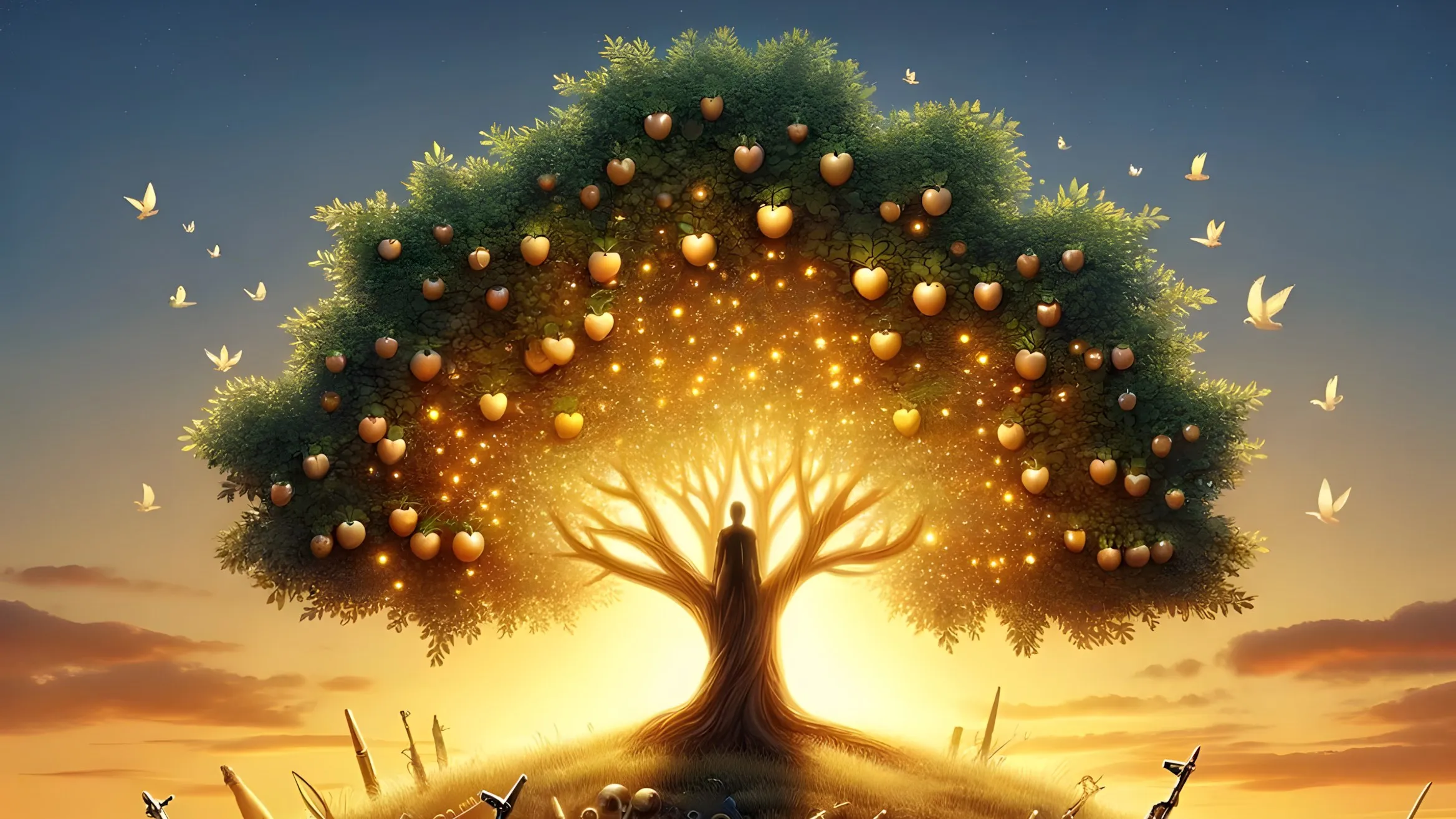 Un albero dai frutti a forma di cuore luminoso cresce su una collina di armi e teschi, al tramonto