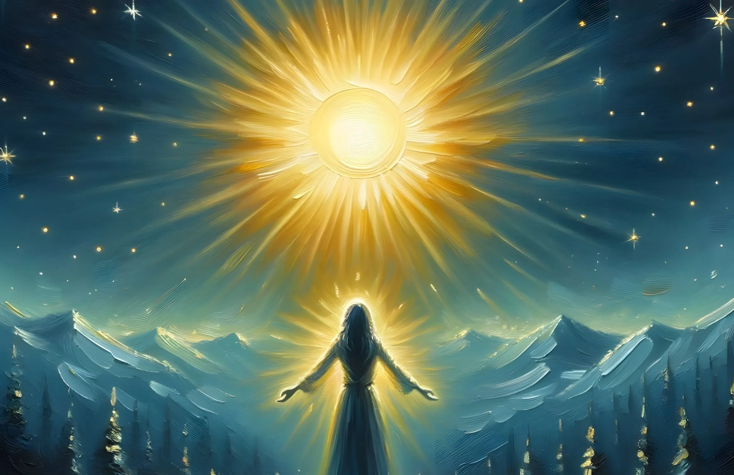 Dipinto a olio di una donna di spalle a braccia aperte sotto un sole raggiante, tra montagne, abeti e stelle