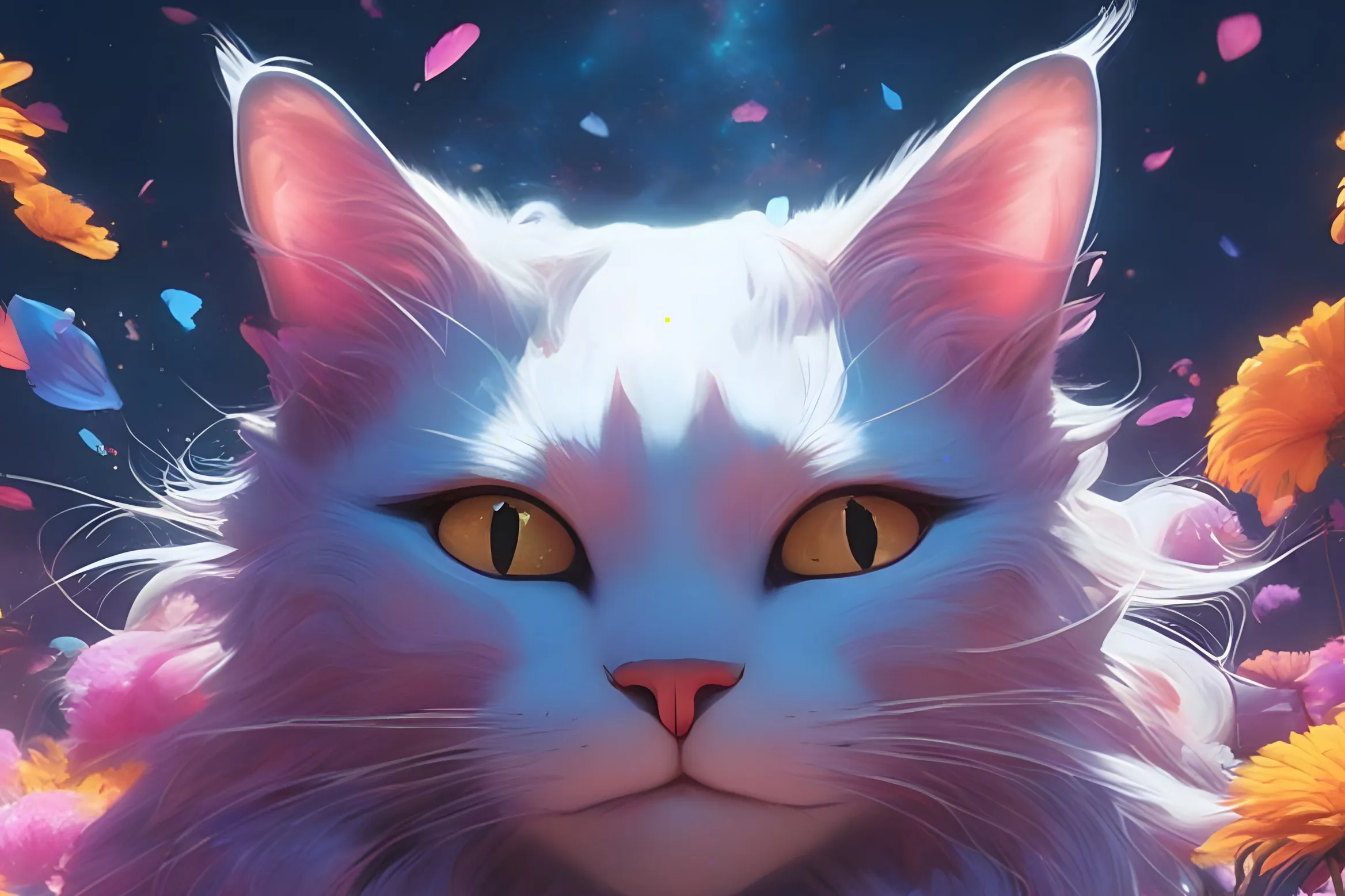 Un grande gatto bianco dagli occhi dorati, circondato da fiori arancioni e rosa e da petali sotto un cielo stellato