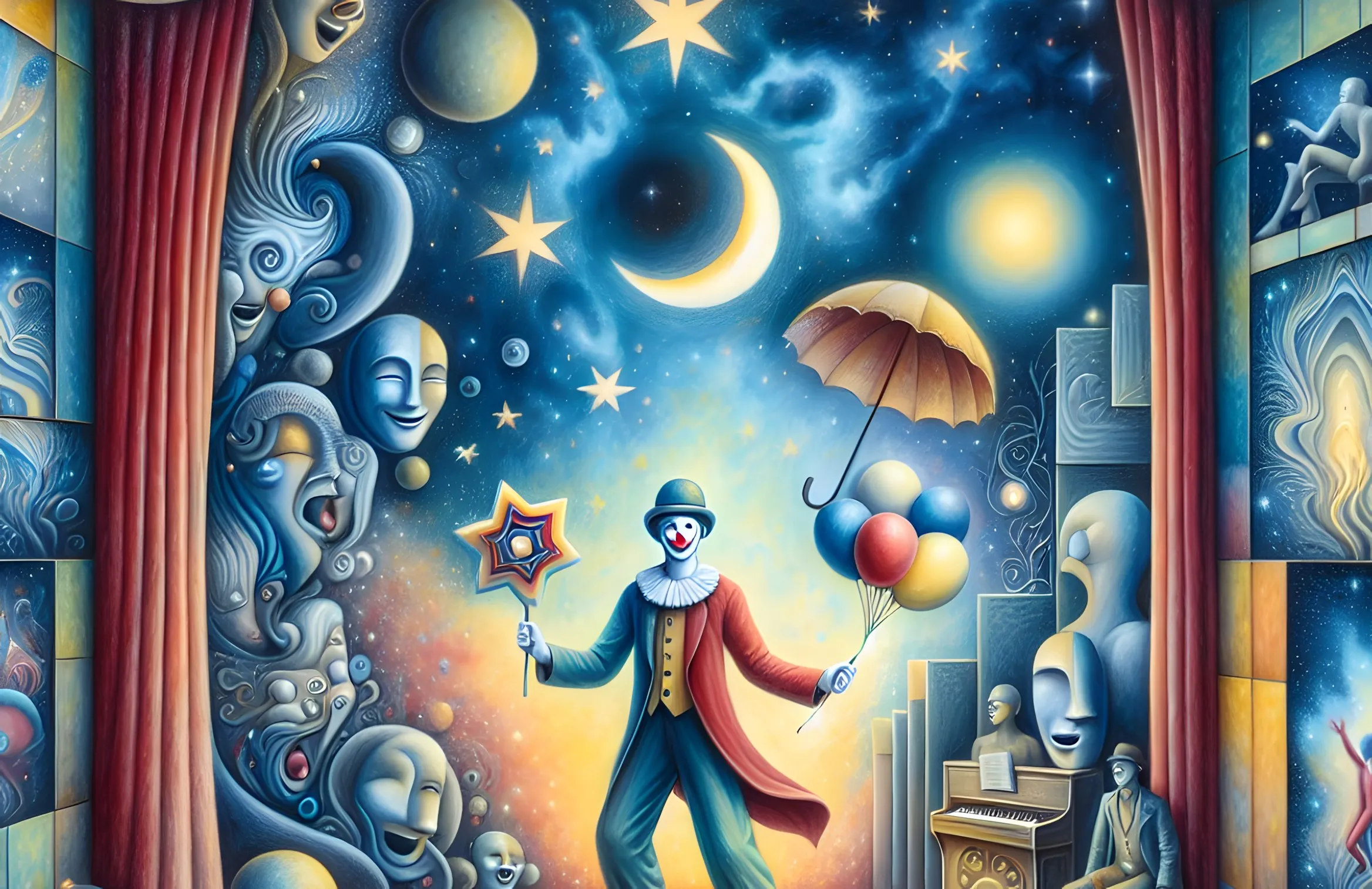 Un clown con ombrello e palloncini su un palcoscenico con tende rosse, tra maschere, stelle e luna