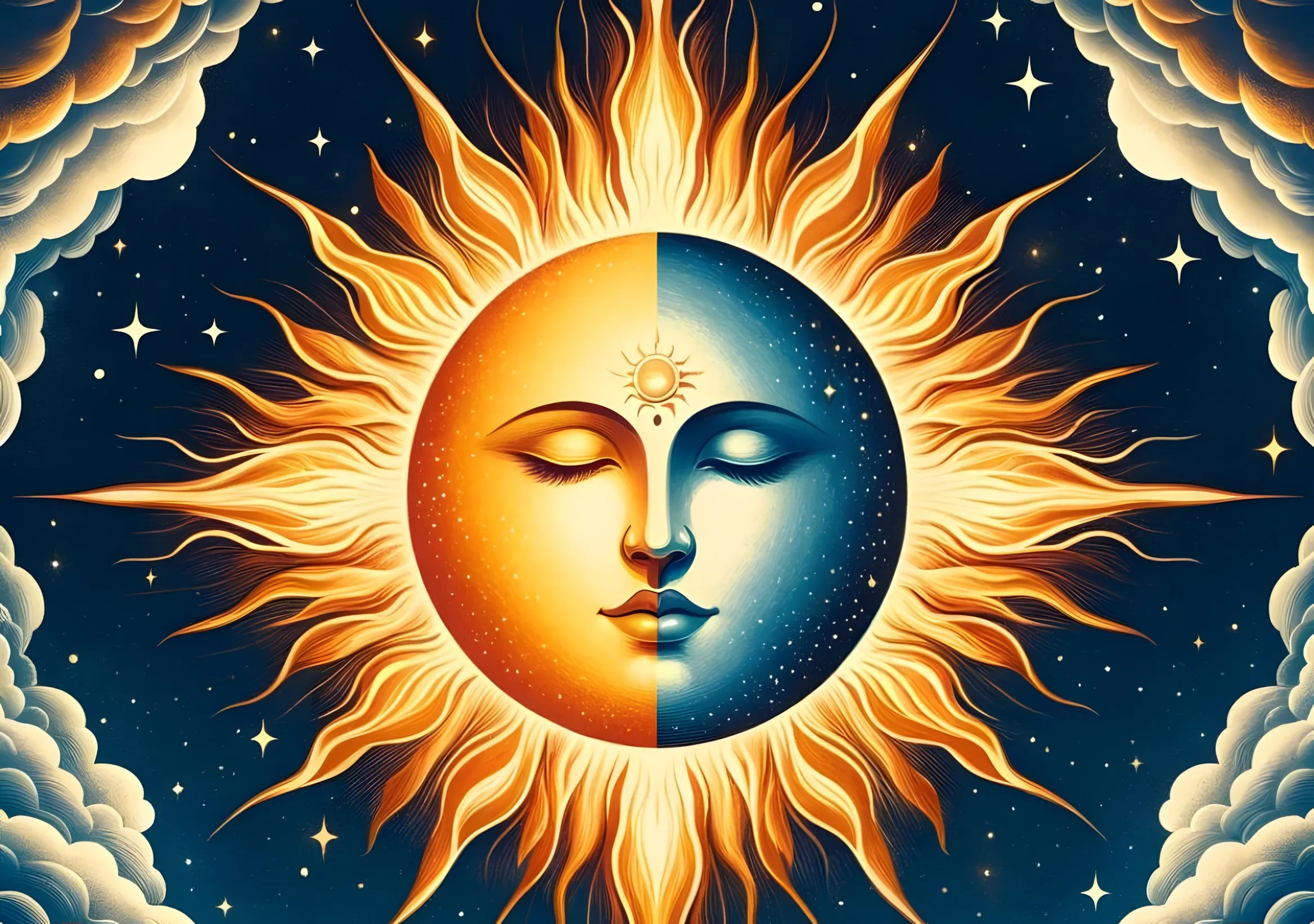 Sole dorato con un volto sereno diviso a metà, metà sole e metà luna, su un cielo stellato tra nuvole