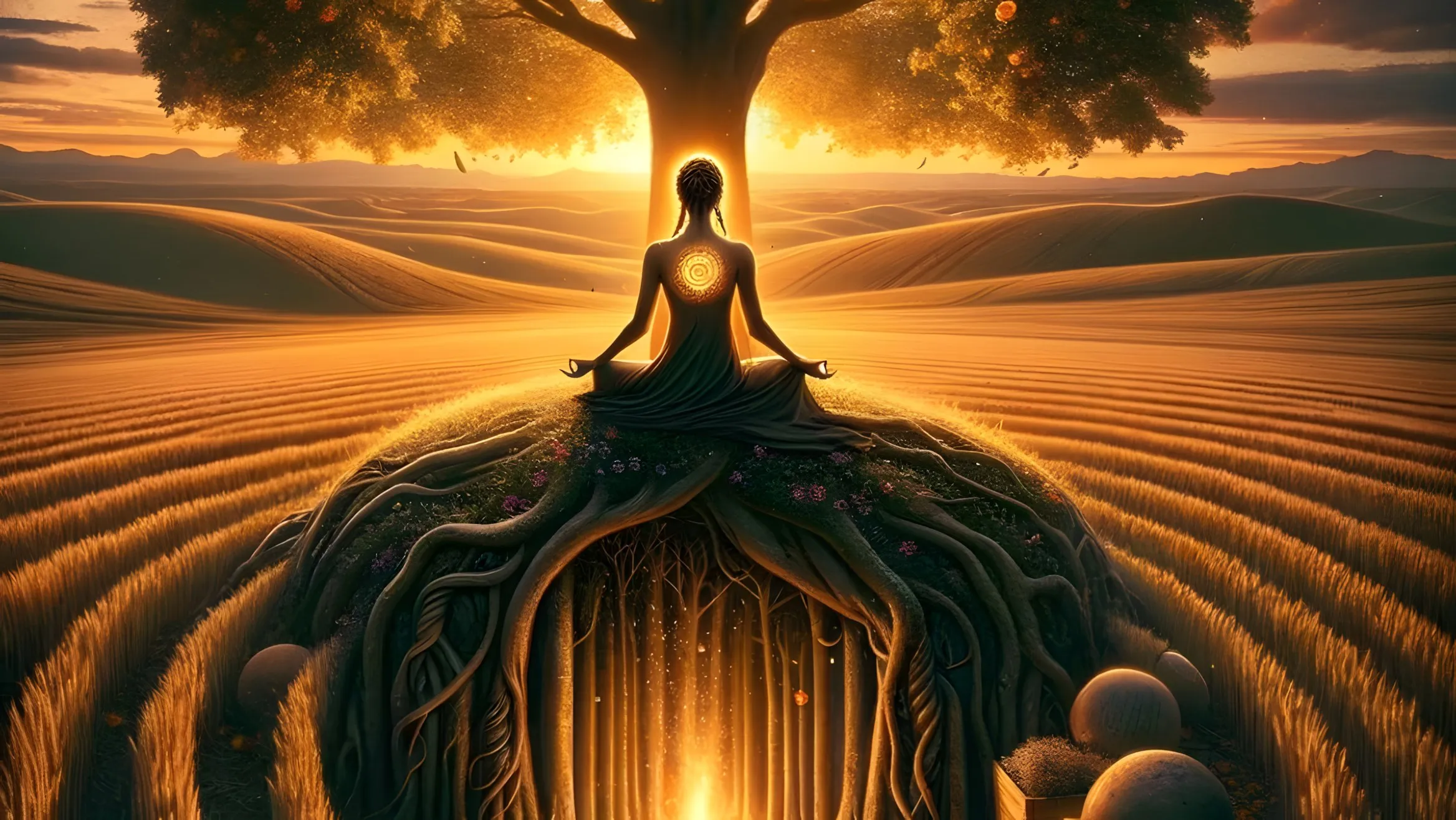 Figura seduta in meditazione davanti a un grande albero al tramonto, con le radici luminose sotto un campo di grano