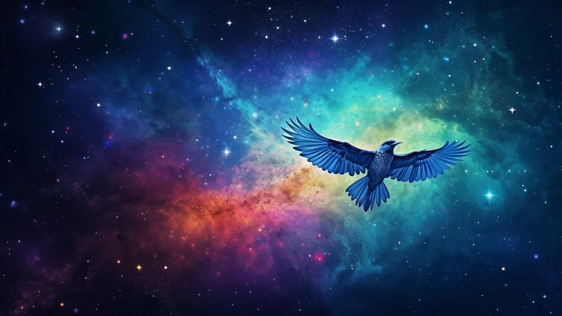 Un uccello blu ad ali spiegate vola in un cielo stellato, davanti a una nebulosa azzurra, gialla e rosa