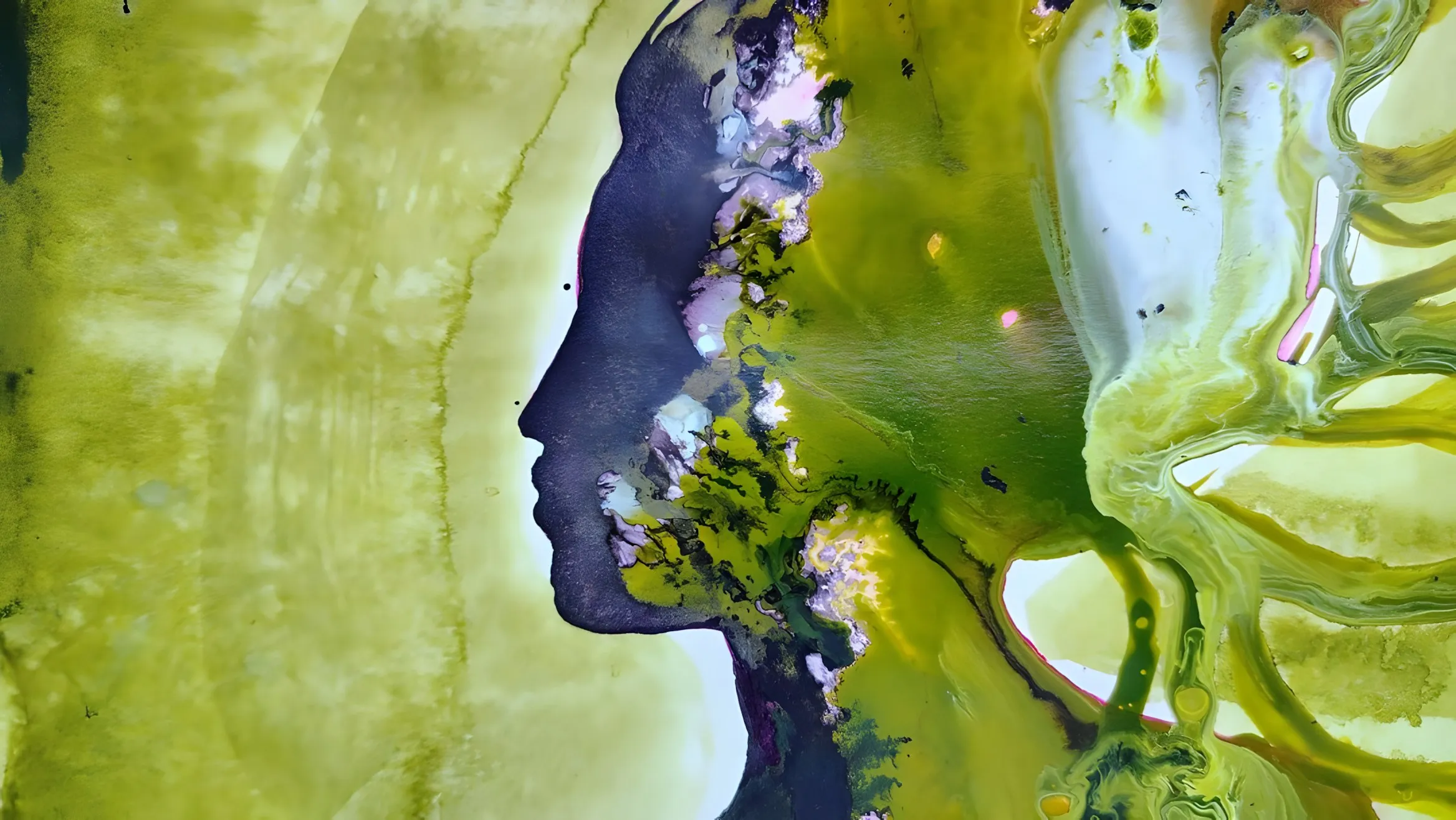 Acquerello astratto in verde oliva e lime, con un profilo umano blu scuro che emerge dalle macchie di colore