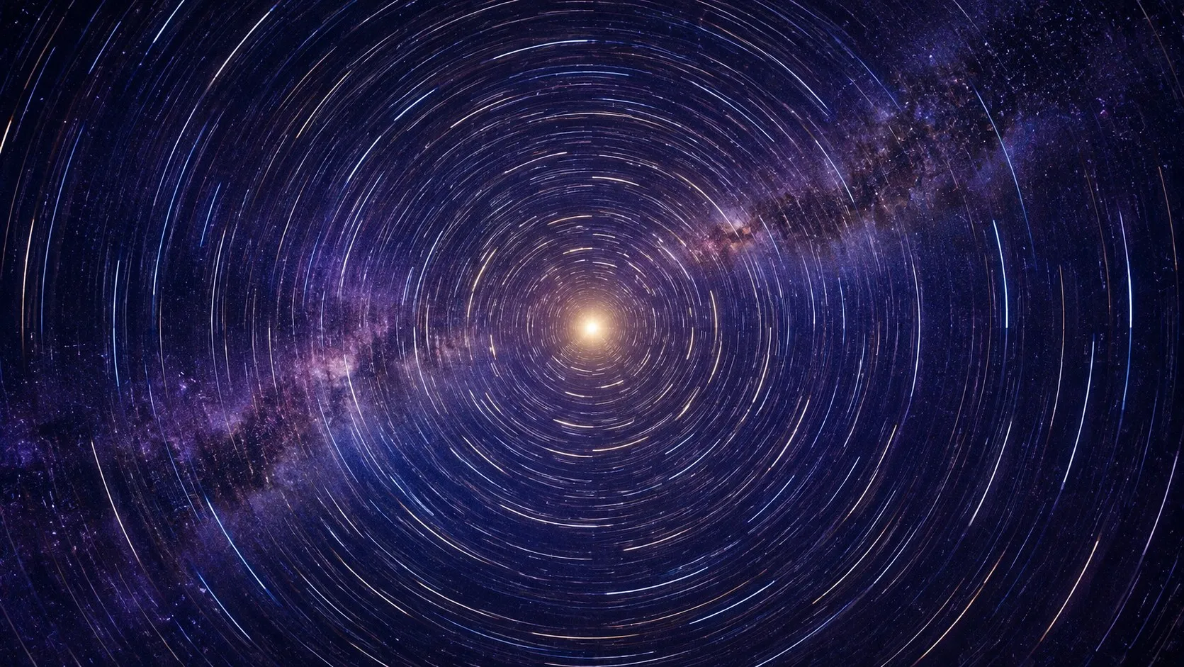 Scie circolari di stelle nel cielo notturno, con la Via Lattea che attraversa l'immagine e una luce dorata al centro