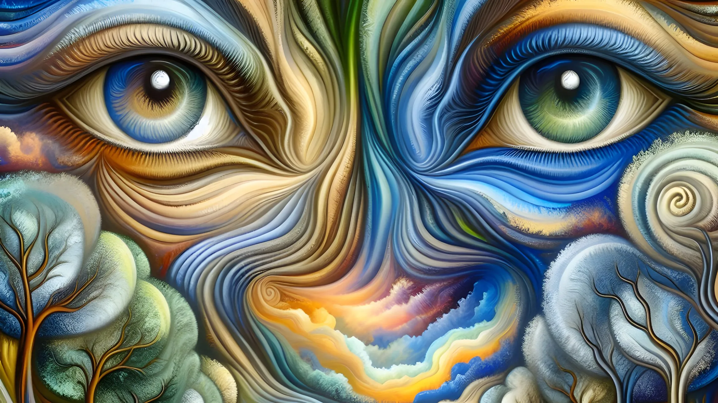 Un volto dipinto a onde di colore, con occhi blu e verdi e, al posto di guance e bocca, alberi, nuvole e una strada