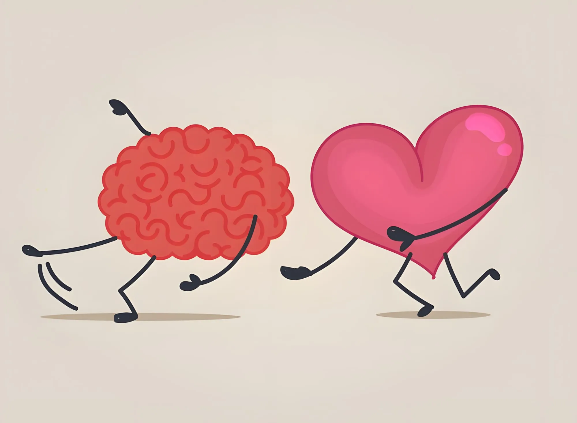 Disegno di un cervello e di un cuore con gambe e braccia che corrono, il cuore inseguito dal cervello