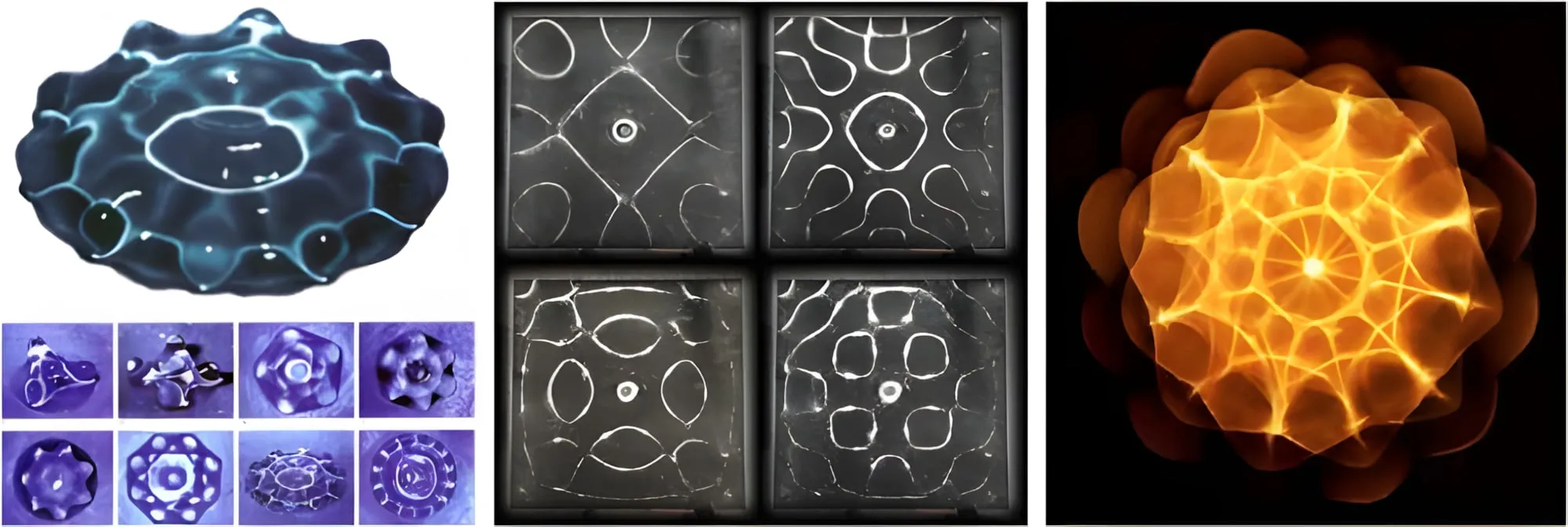 Figure geometriche create dal suono su acqua, sabbia e polvere: onde simmetriche, schemi su piastre e una forma a fiore arancione