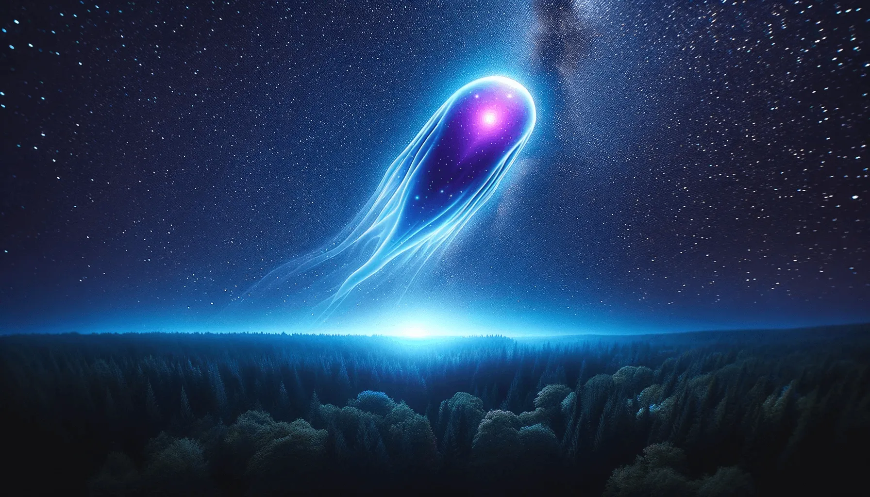 Grande creatura luminosa blu e viola, simile a una medusa, nel cielo stellato sopra una foresta