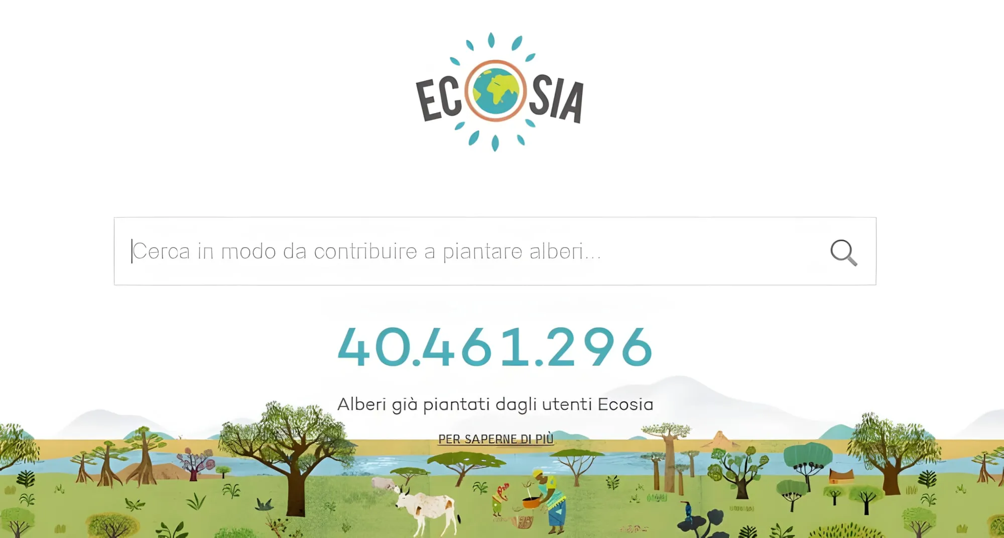 Pagina di ricerca di Ecosia, con il contatore di oltre 40 milioni di alberi piantati dagli utenti
