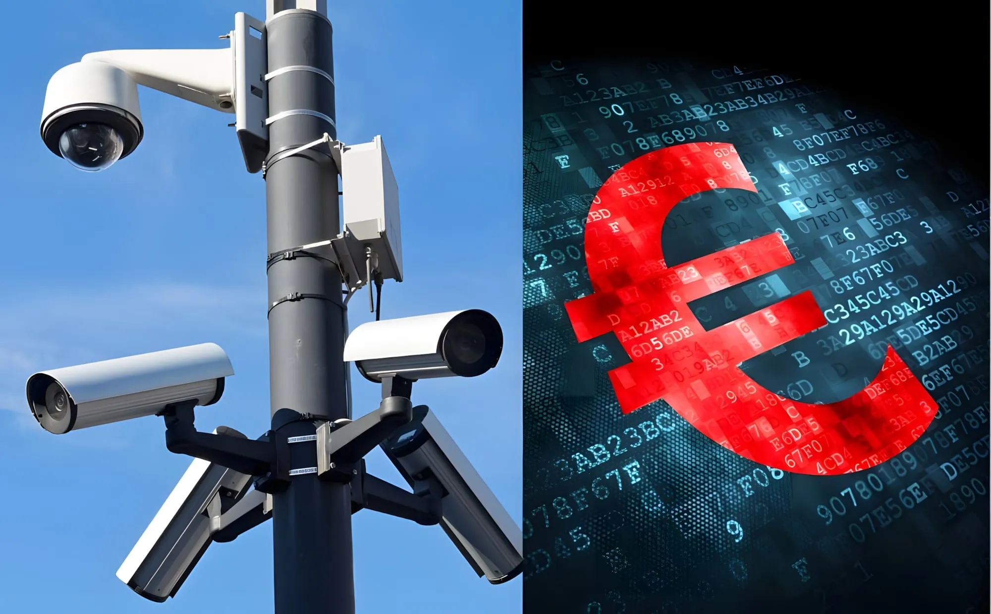 Telecamere di sorveglianza su un palo accanto a un simbolo dell'euro rosso su sfondo di codici digitali