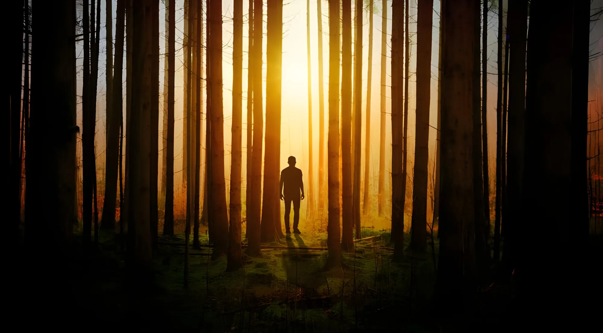 Sagoma di un uomo che cammina in un bosco di alti tronchi verso una luce dorata