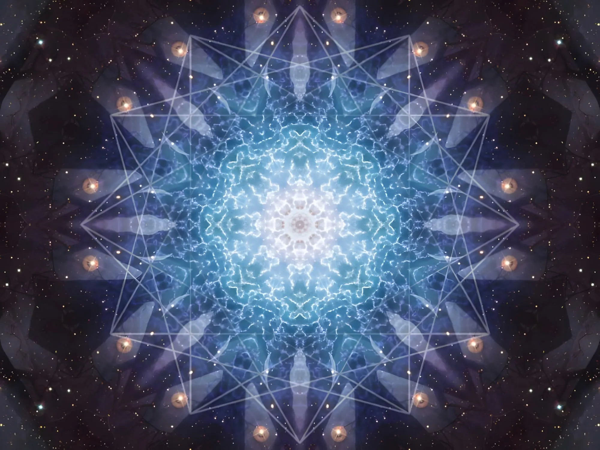 Mandala cosmico blu e luminoso con linee geometriche a stella su un fondo di stelle