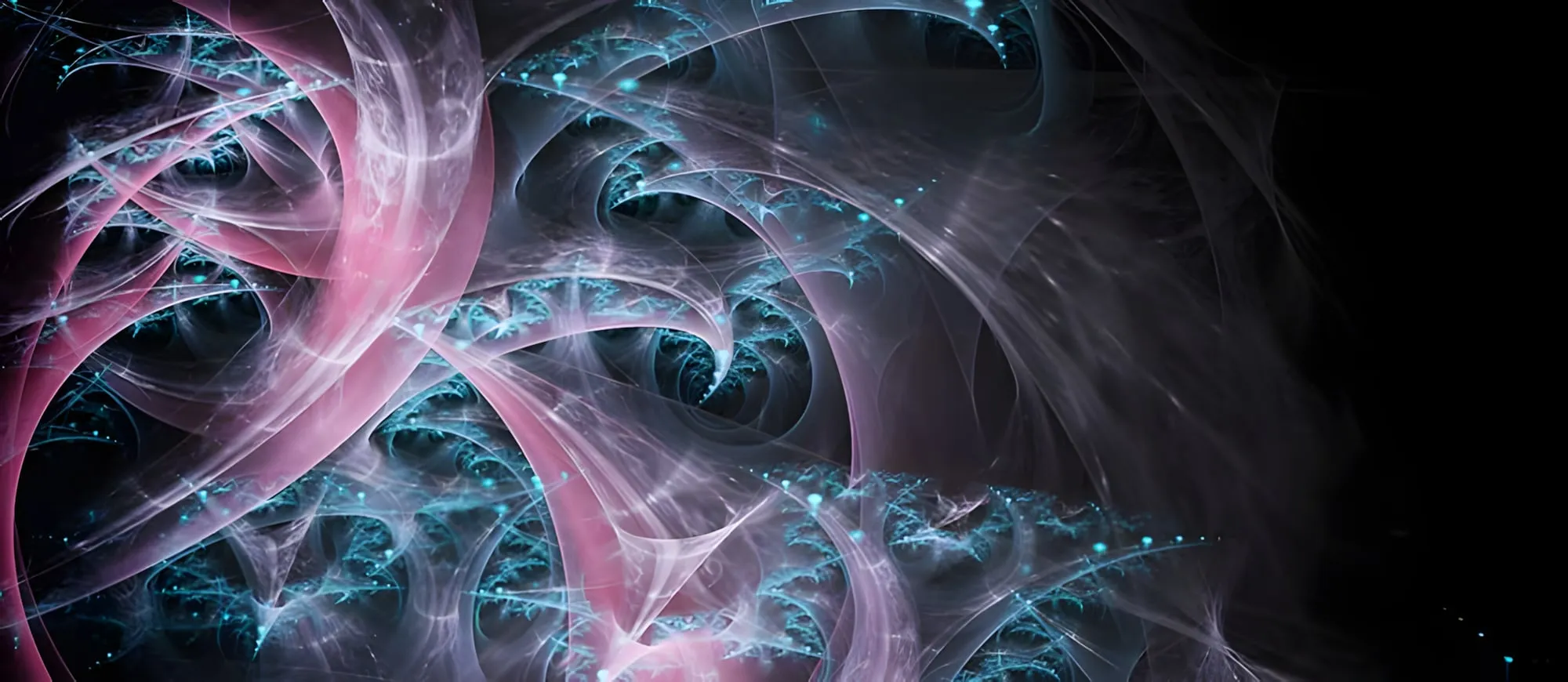 Immagine frattale con spirali e filamenti rosa e azzurri luminosi su sfondo nero