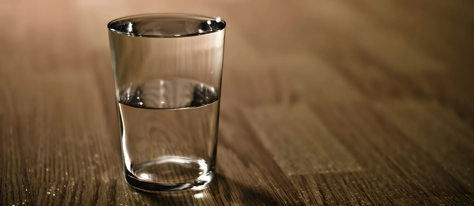 Bicchiere di vetro pieno a metà d'acqua su un tavolo di legno