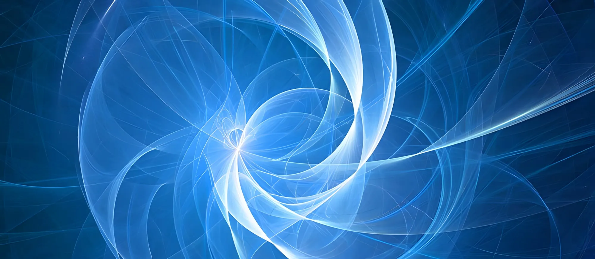 Spirali luminose azzurre che convergono verso un punto di luce al centro