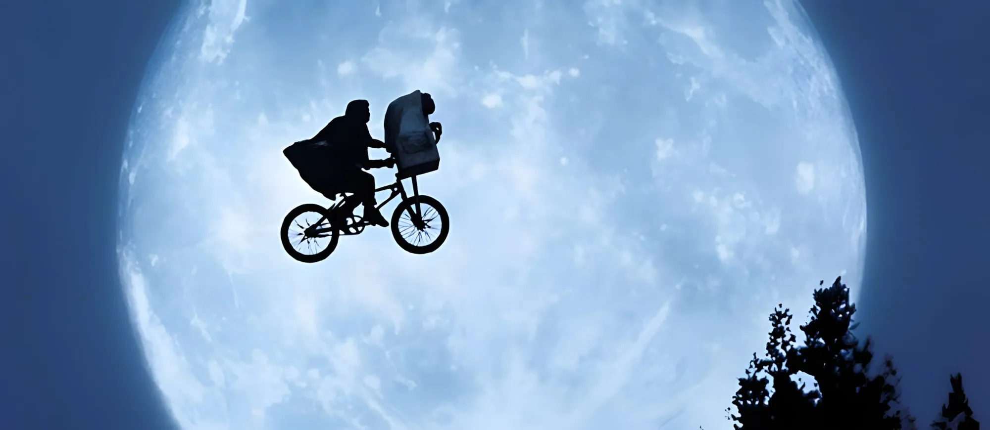 Sagoma di una bicicletta in volo davanti a una grande luna piena, con un bambino e una figura nel cestino
