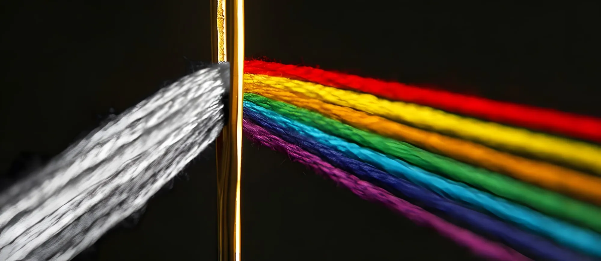 Filo grigio che passa nella cruna di un ago d’oro e ne esce come un fascio di fili dai colori dell’arcobaleno